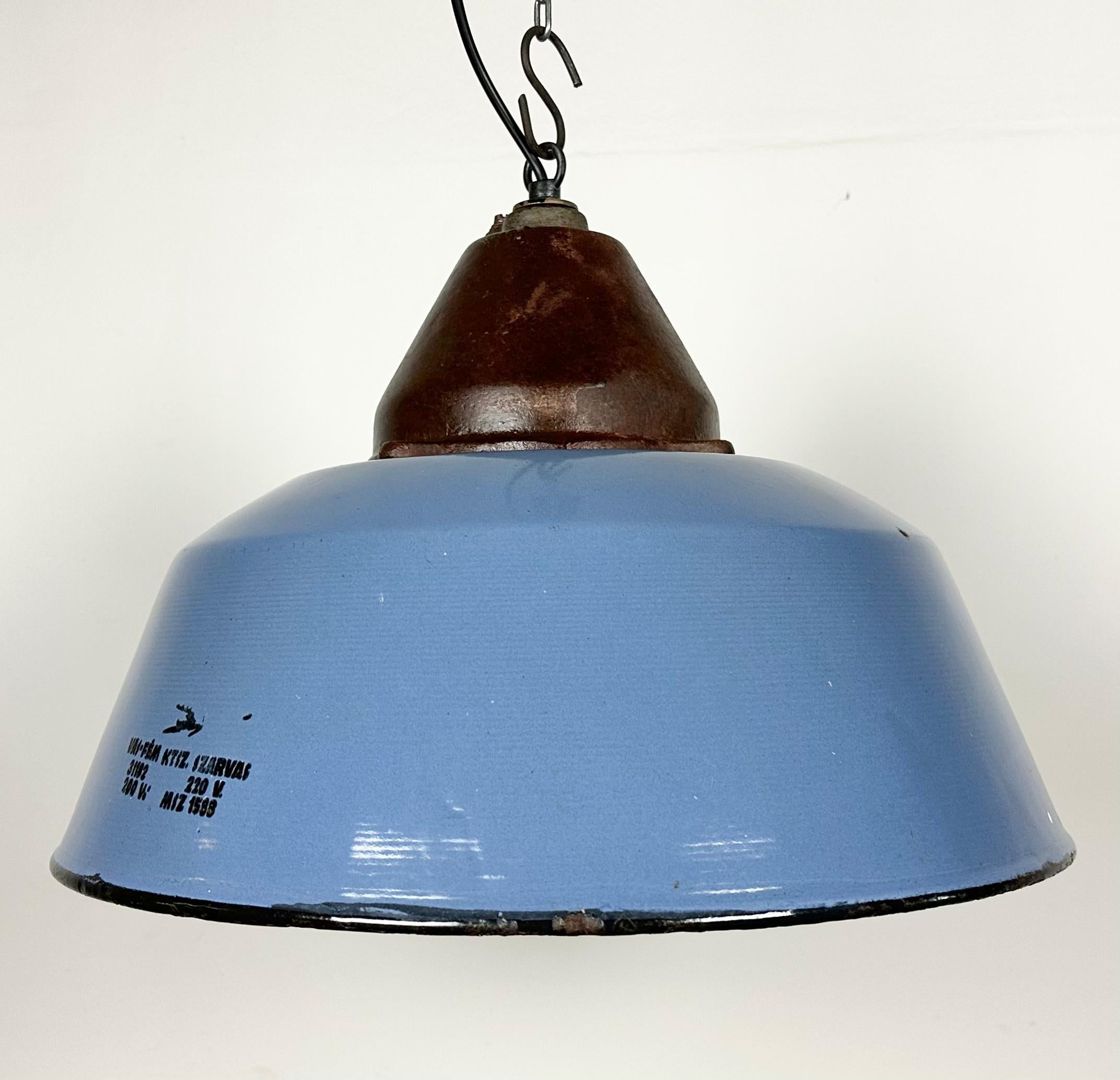 Hungarian Industrial Blue Enamel and Cast Iron Pendant Light, 1960s For Sale