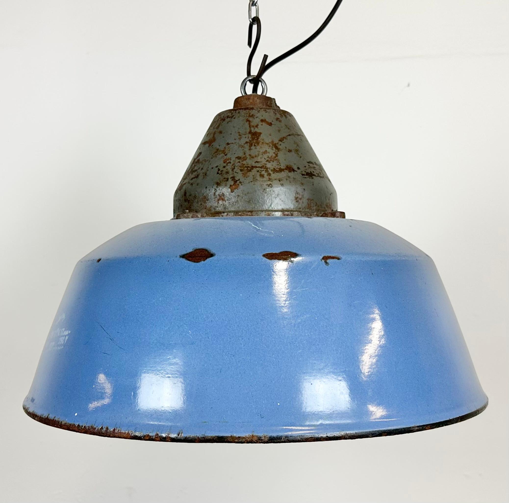 Czech Industrial Blue Enamel and Cast Iron Pendant Light, 1960s For Sale
