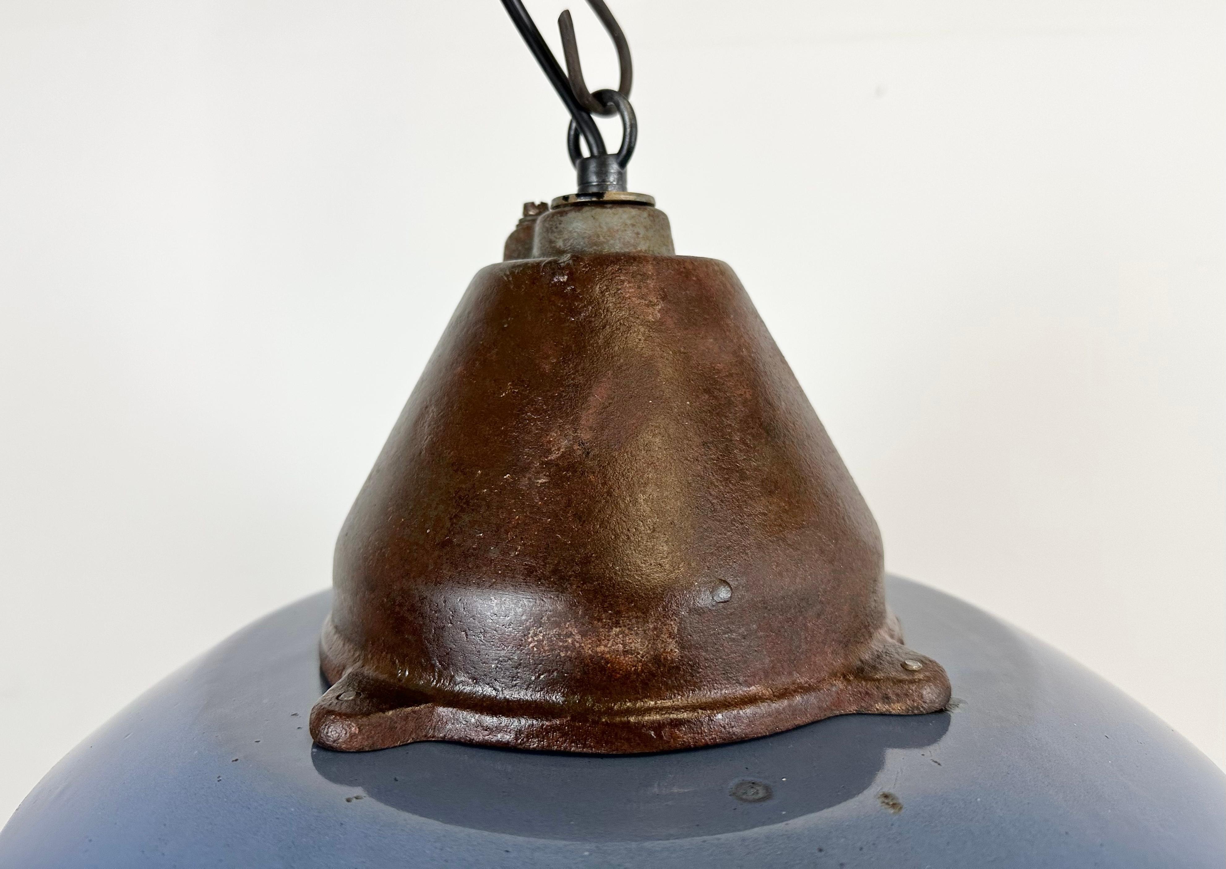 Industrial Blue Enamel and Cast Iron Pendant Light, 1960s In Good Condition For Sale In Kojetice, CZ