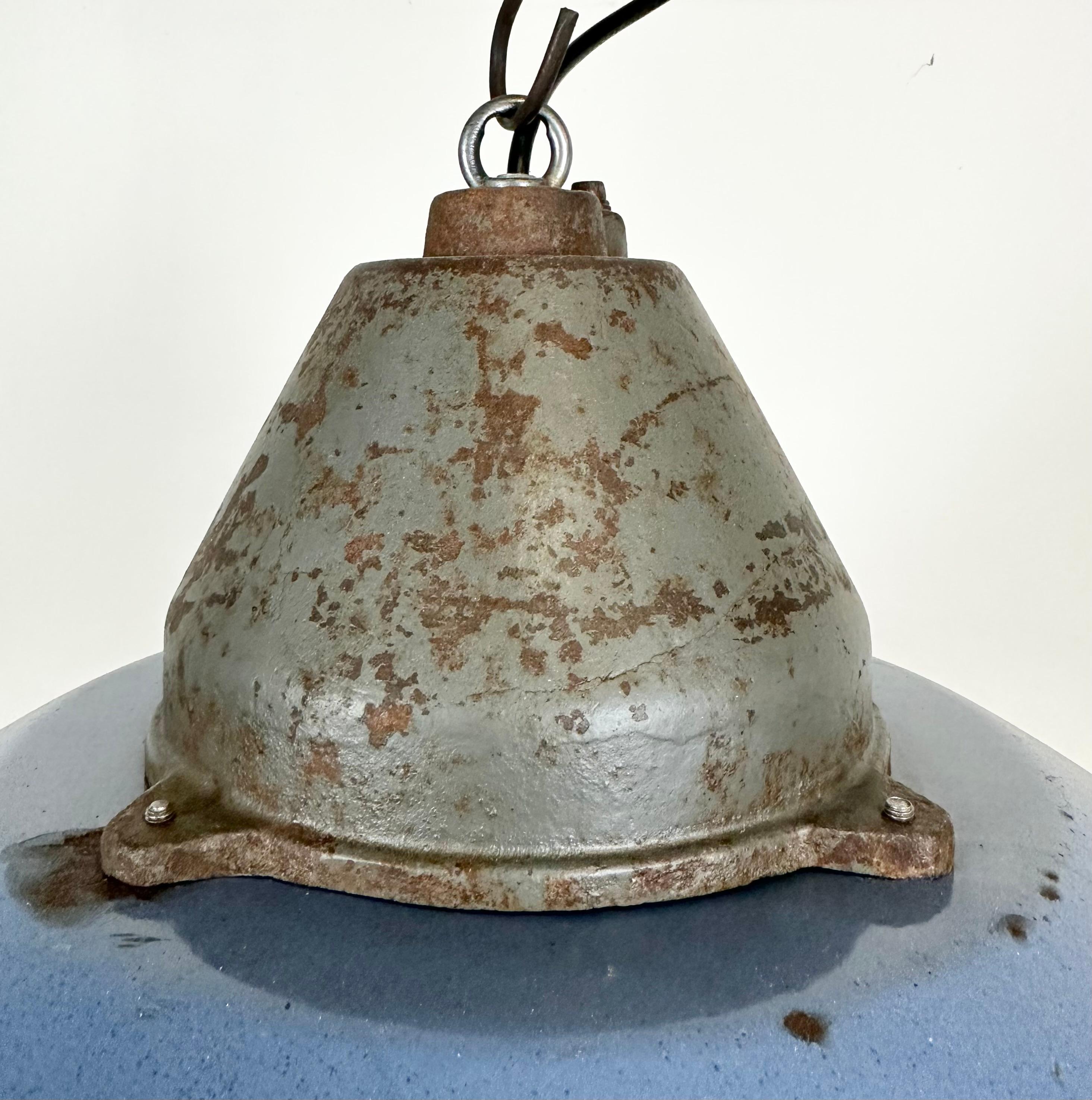 Industrial Blue Enamel and Cast Iron Pendant Light, 1960s In Good Condition For Sale In Kojetice, CZ