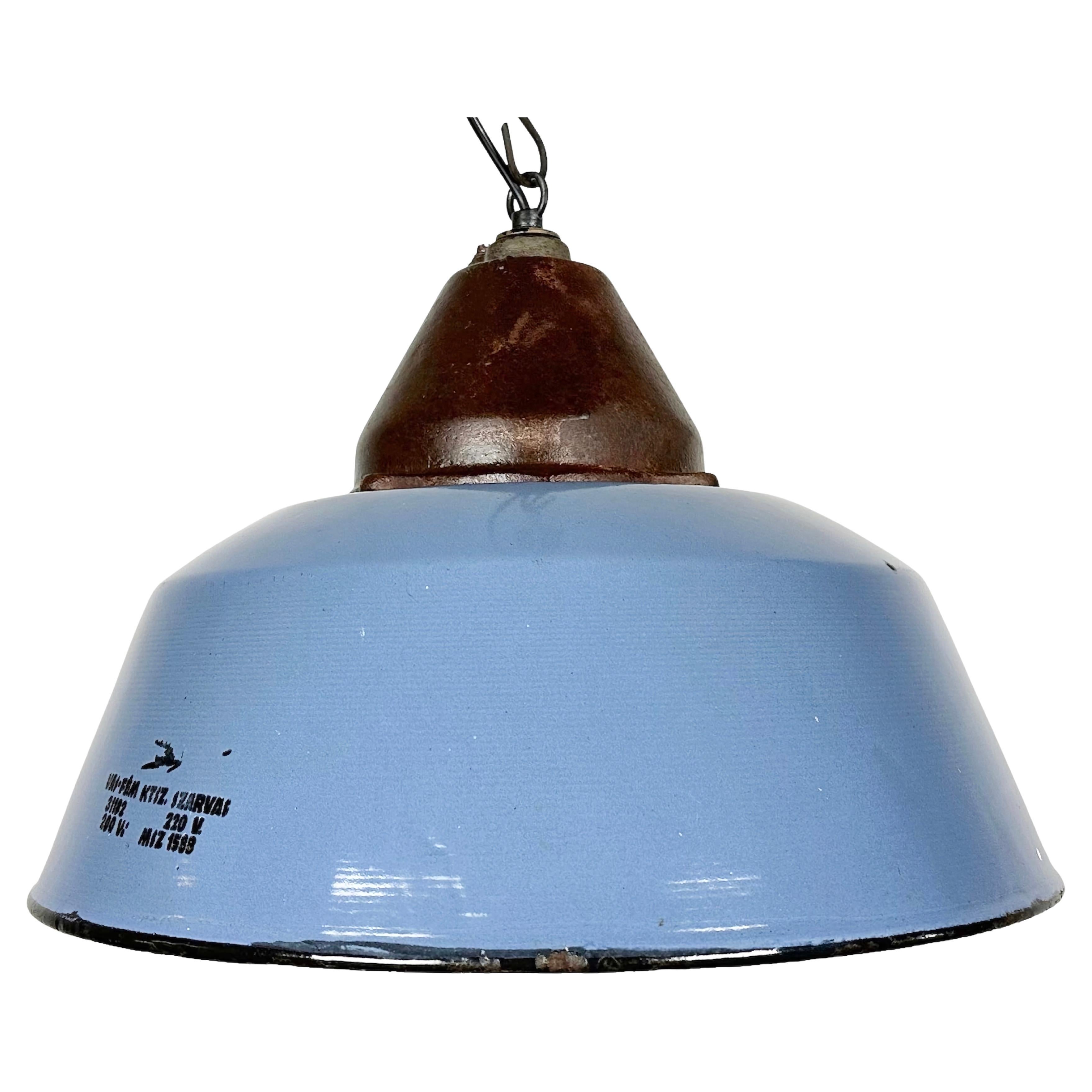 Industrial Blue Enamel and Cast Iron Pendant Light, 1960s For Sale