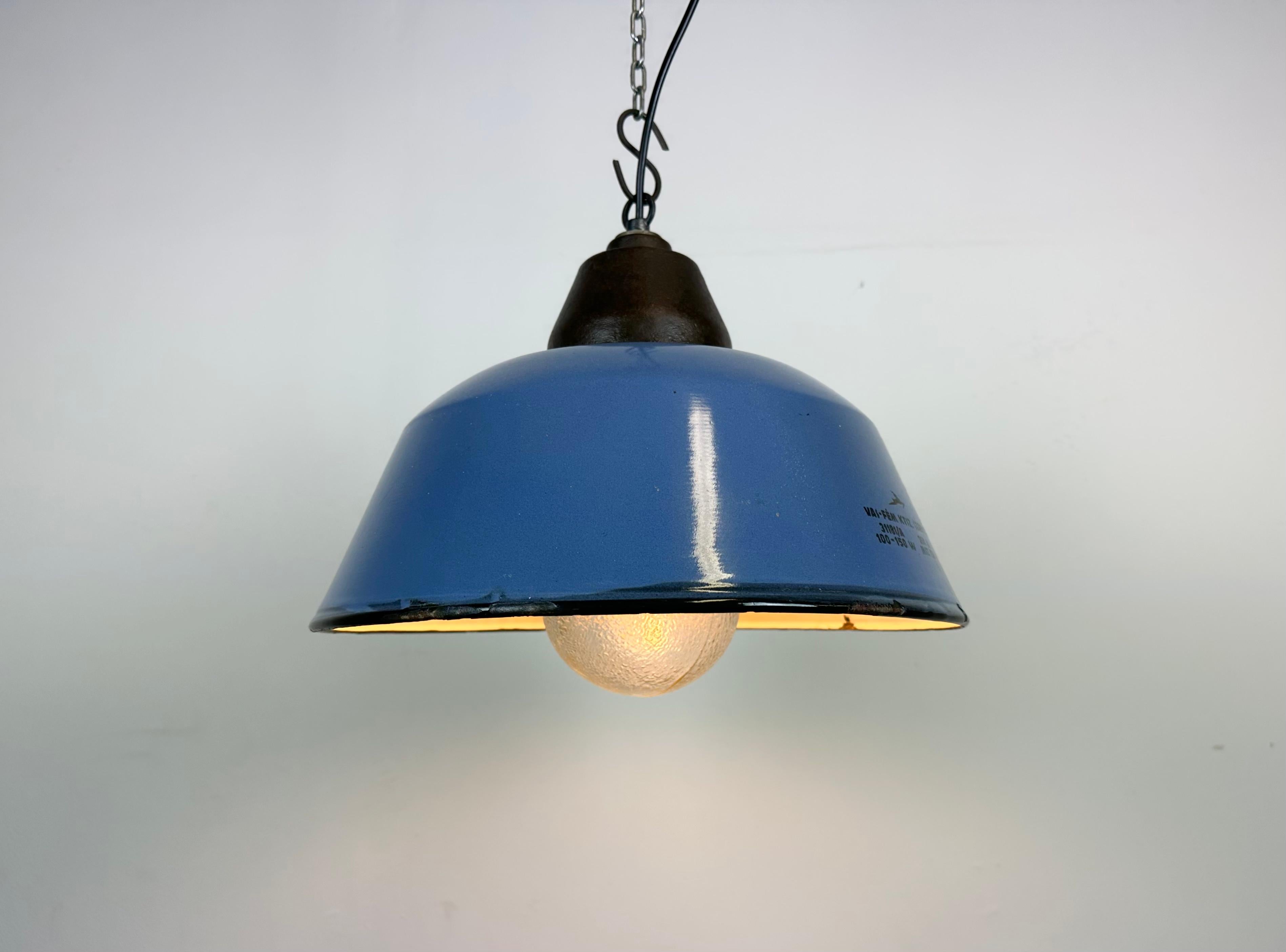 Industrial Blue Enamel and Cast Iron Pendant Light with Glass Cover, 1960s For Sale 3
