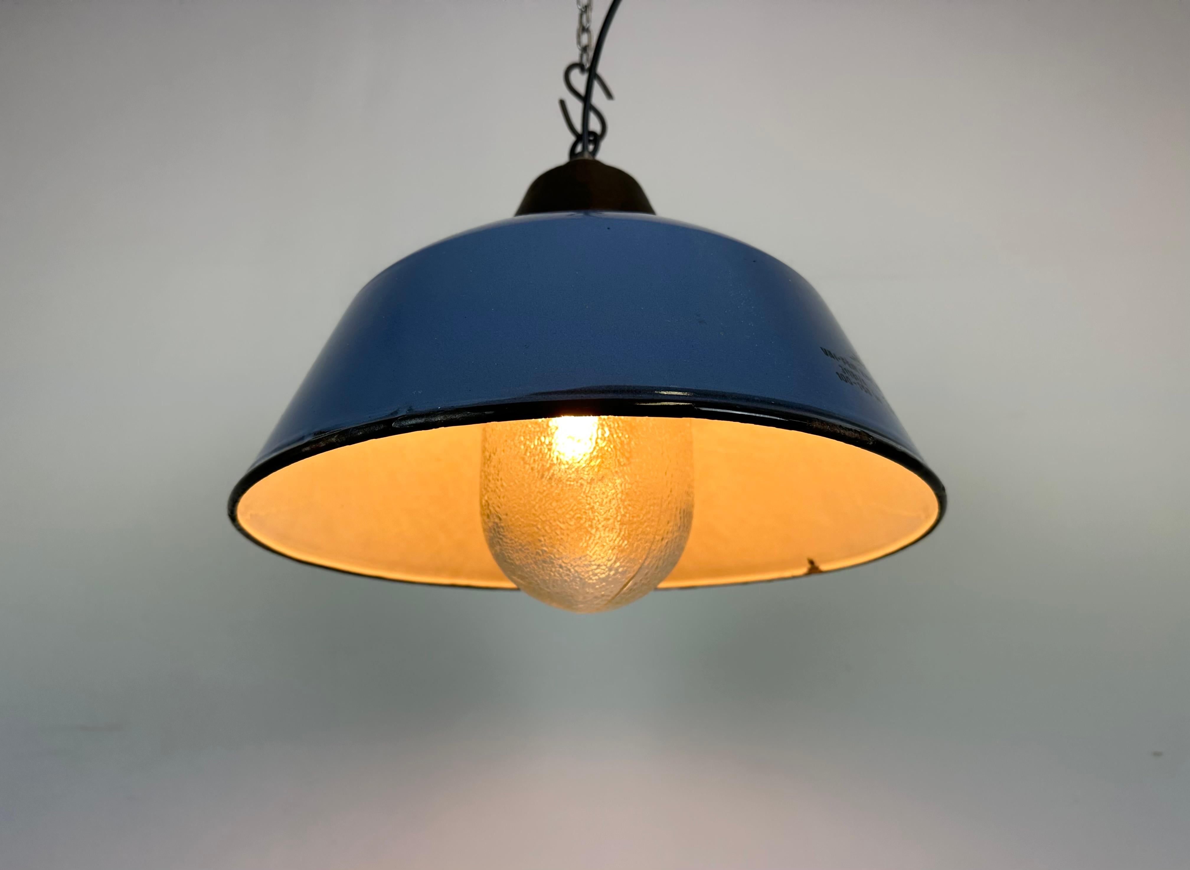 Industrial Blue Enamel and Cast Iron Pendant Light with Glass Cover, 1960s For Sale 4