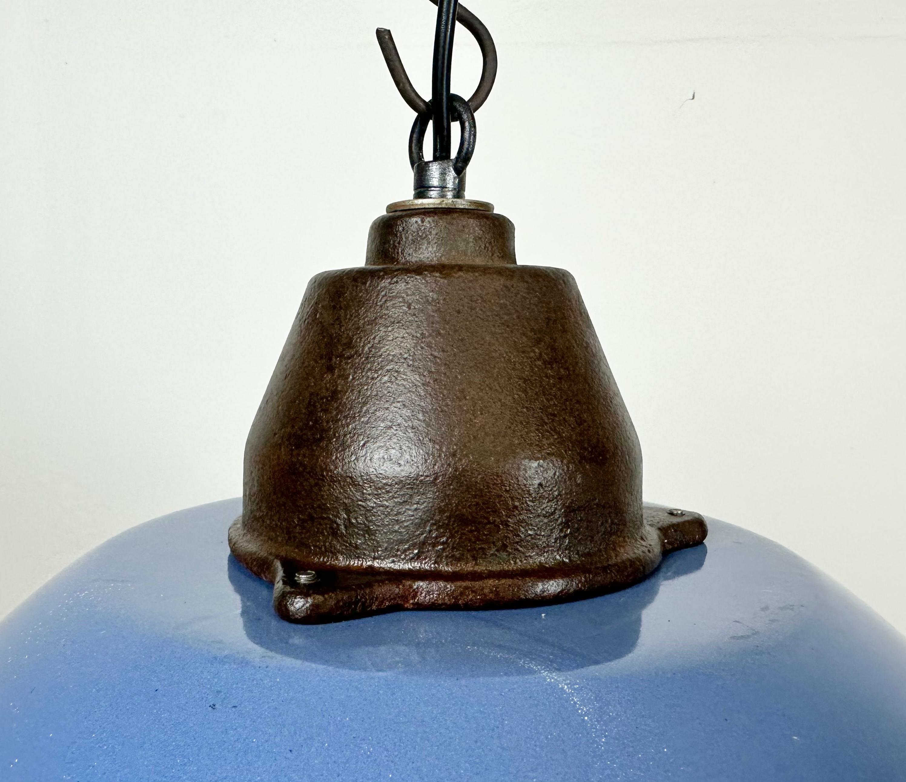 Industrial Blue Enamel and Cast Iron Pendant Light with Glass Cover, 1960s In Good Condition For Sale In Kojetice, CZ