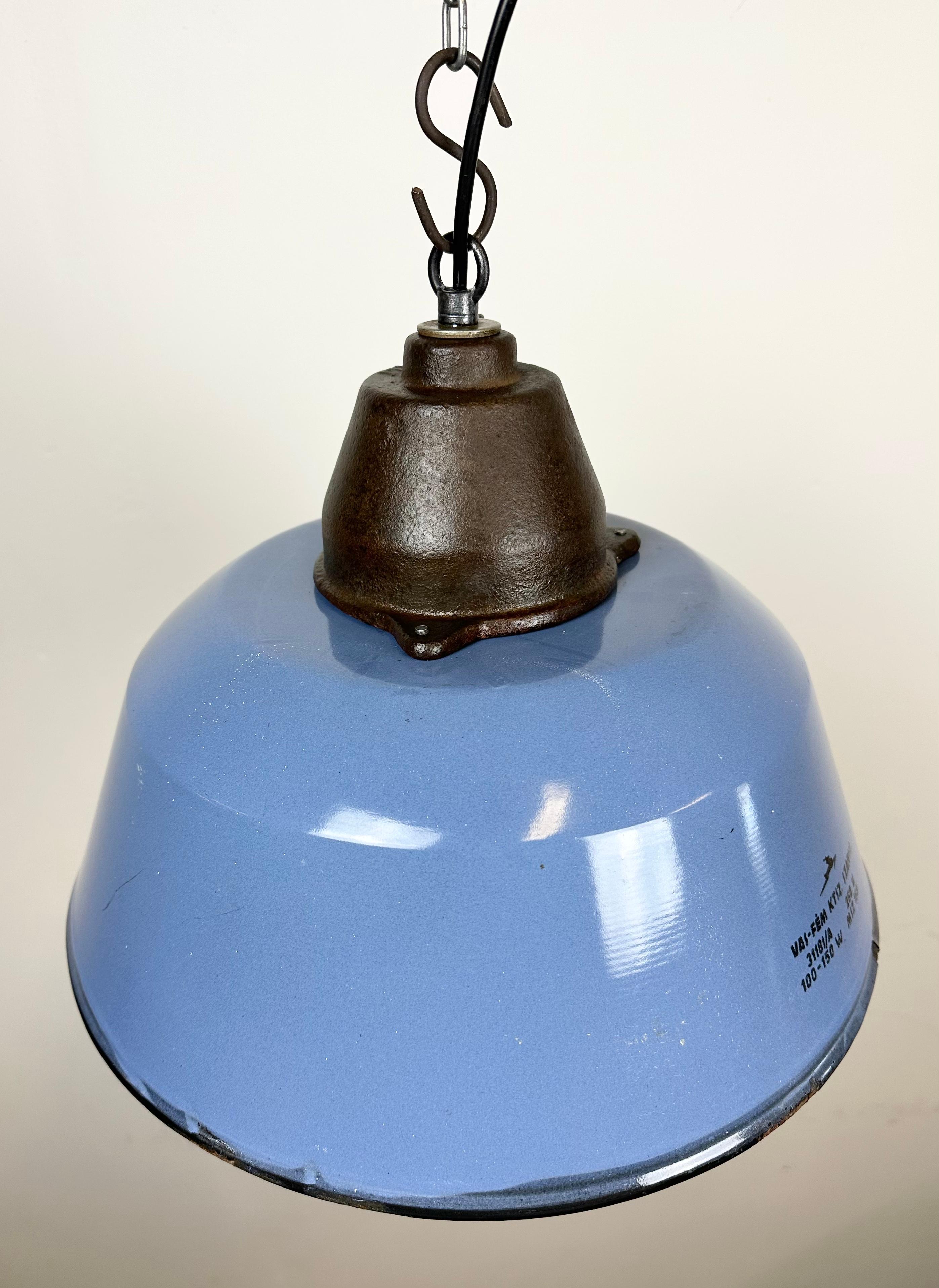 Industrial Blue Enamel and Cast Iron Pendant Light with Glass Cover, 1960s For Sale 1