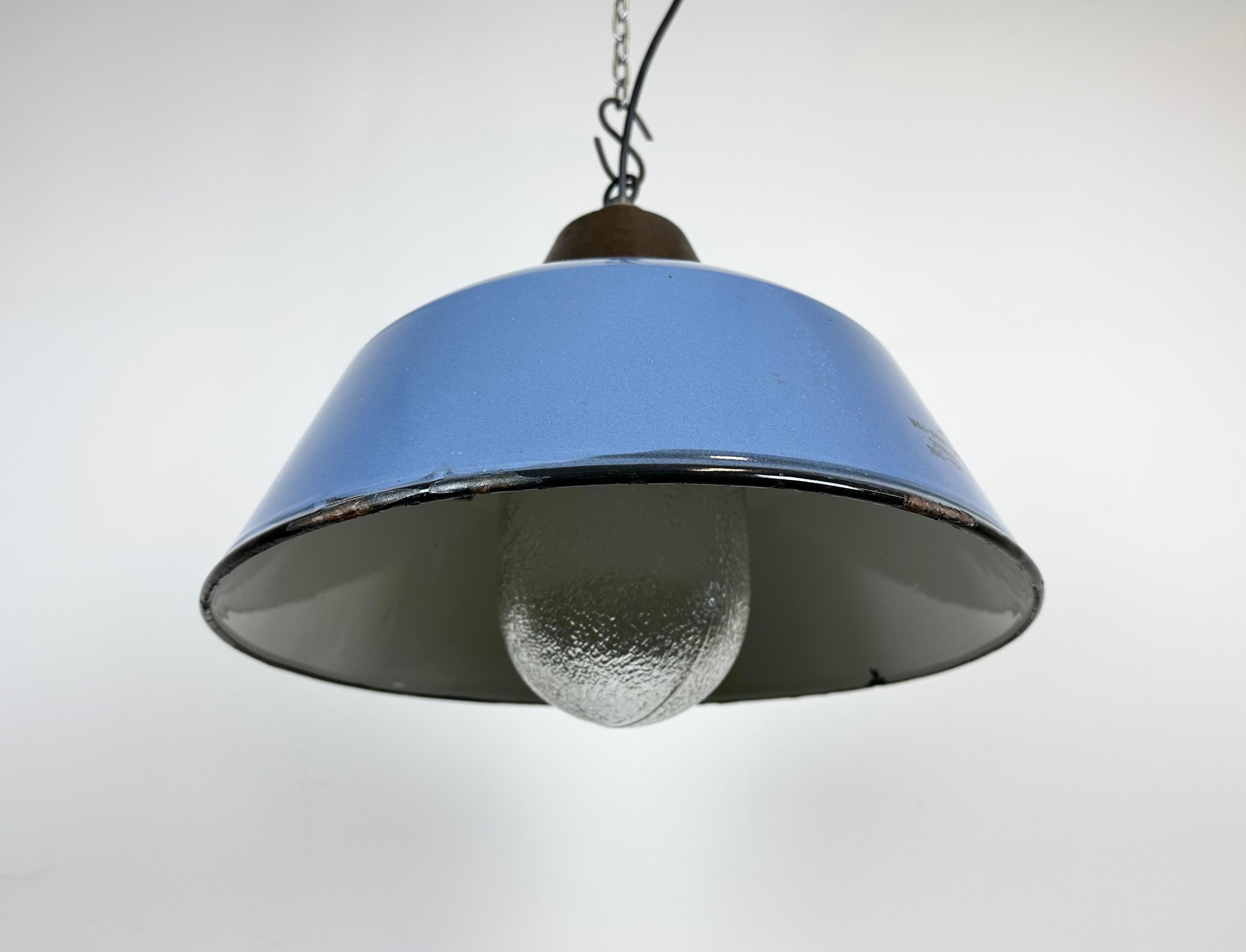 Industrial Blue Enamel and Cast Iron Pendant Light with Glass Cover, 1960s For Sale 2