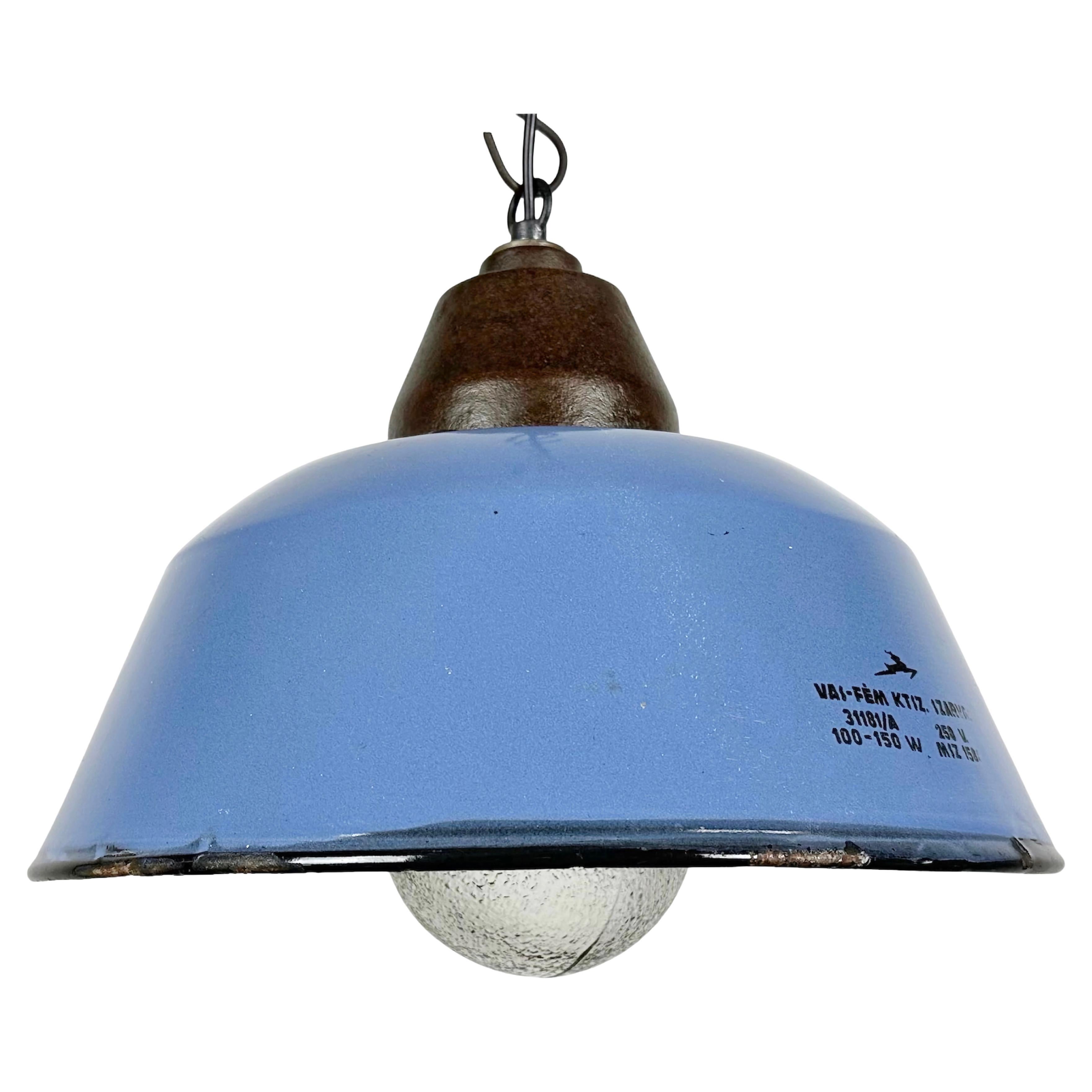 Industrial Blue Enamel and Cast Iron Pendant Light with Glass Cover, 1960s For Sale