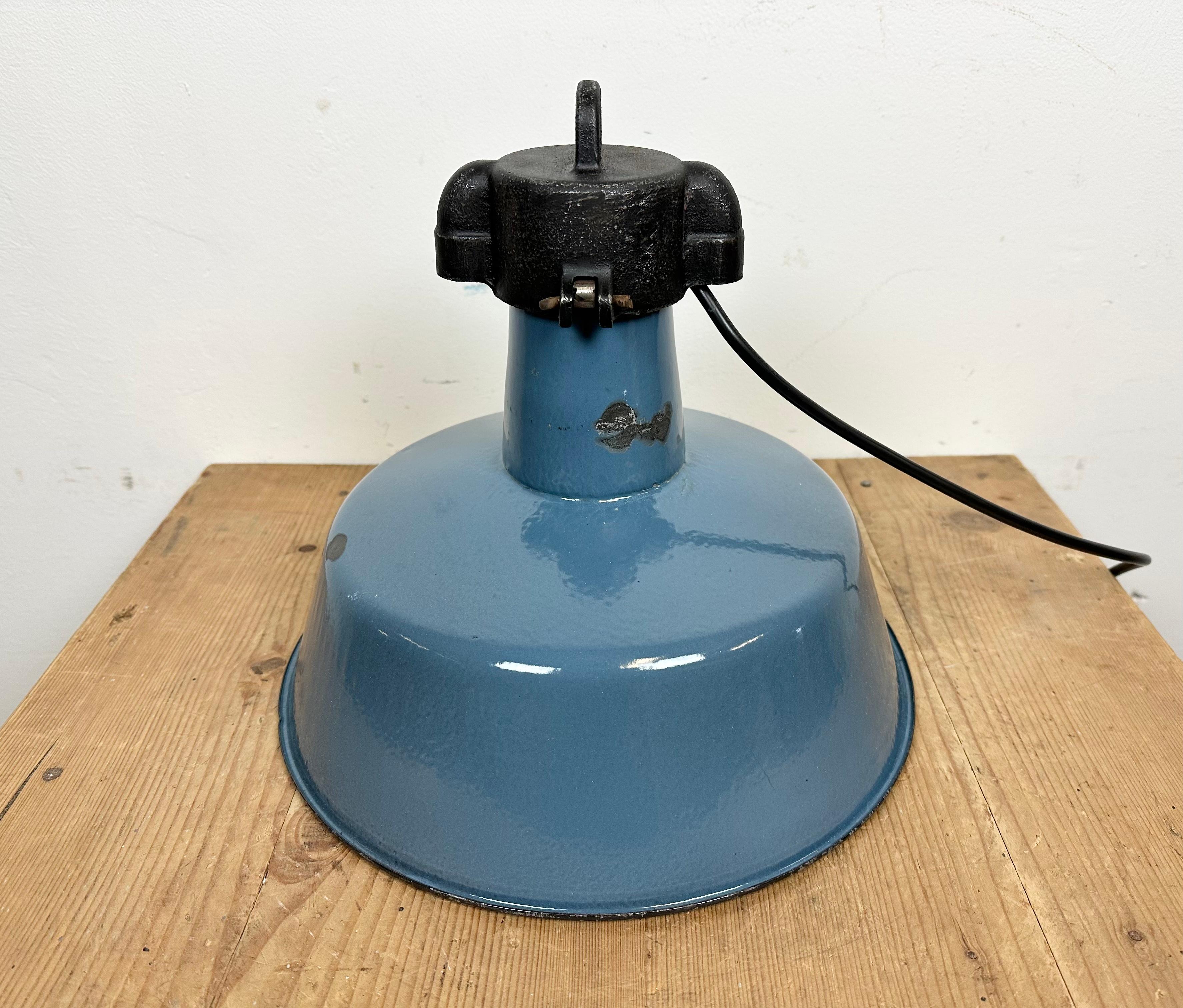 Industrial Blue Enamel Factory Lamp with Cast Iron Top, 1960s For Sale 6