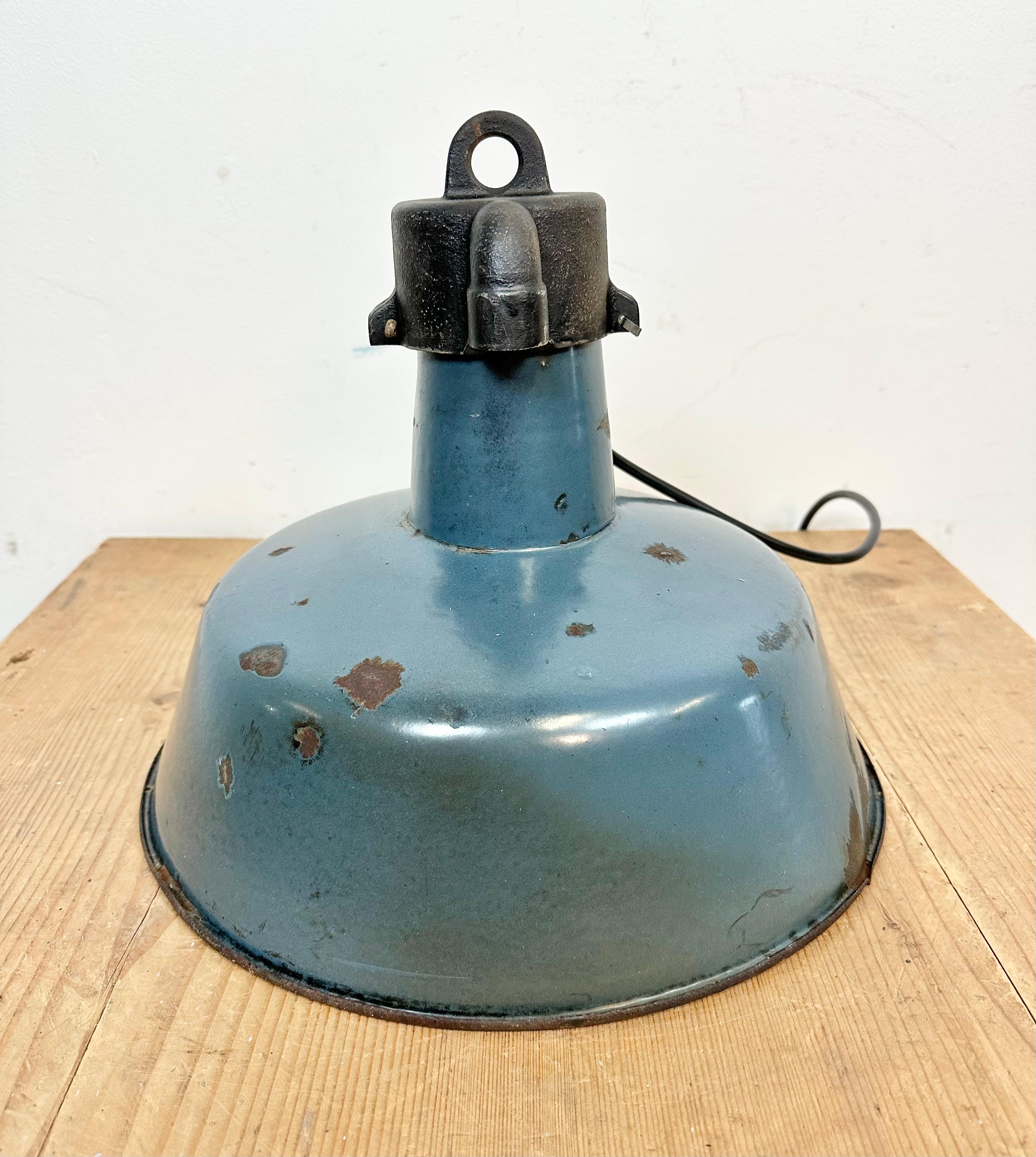 Industrial Blue Enamel Factory Lamp with Cast Iron Top, 1960s For Sale 7
