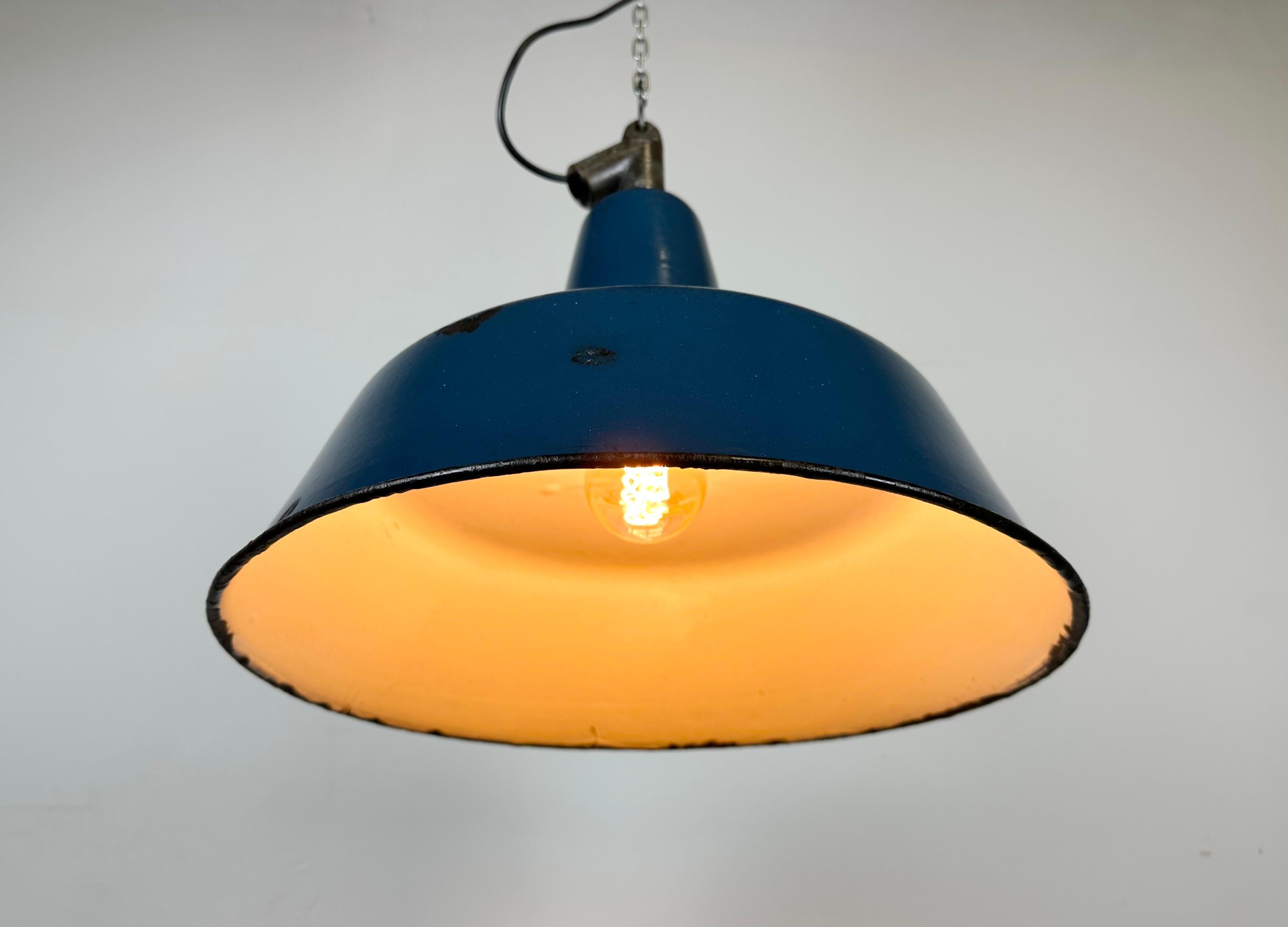Industrial Blue Enamel Factory Lamp with Cast Iron Top, 1960s For Sale 8