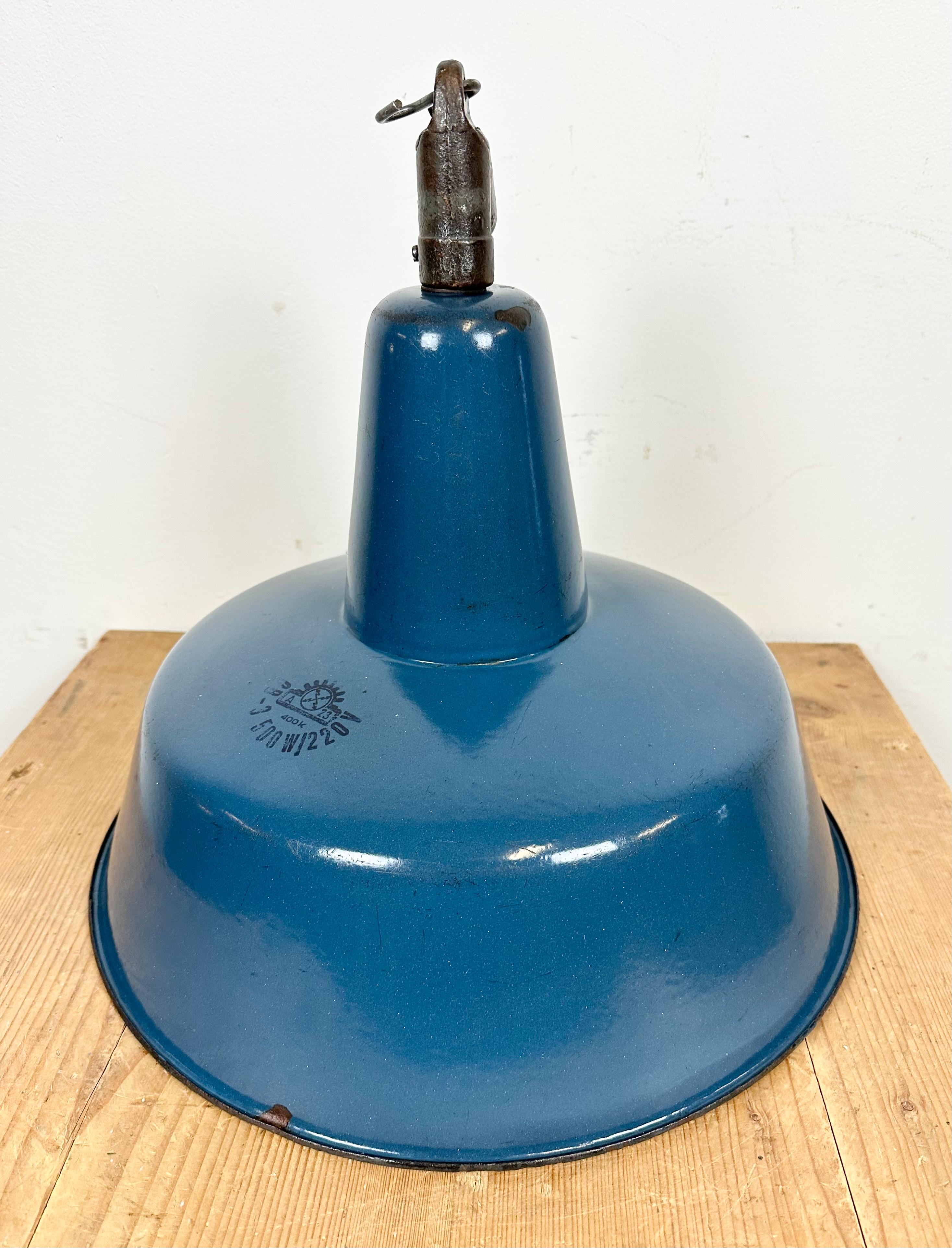Industrial Blue Enamel Factory Lamp with Cast Iron Top, 1960s For Sale 9