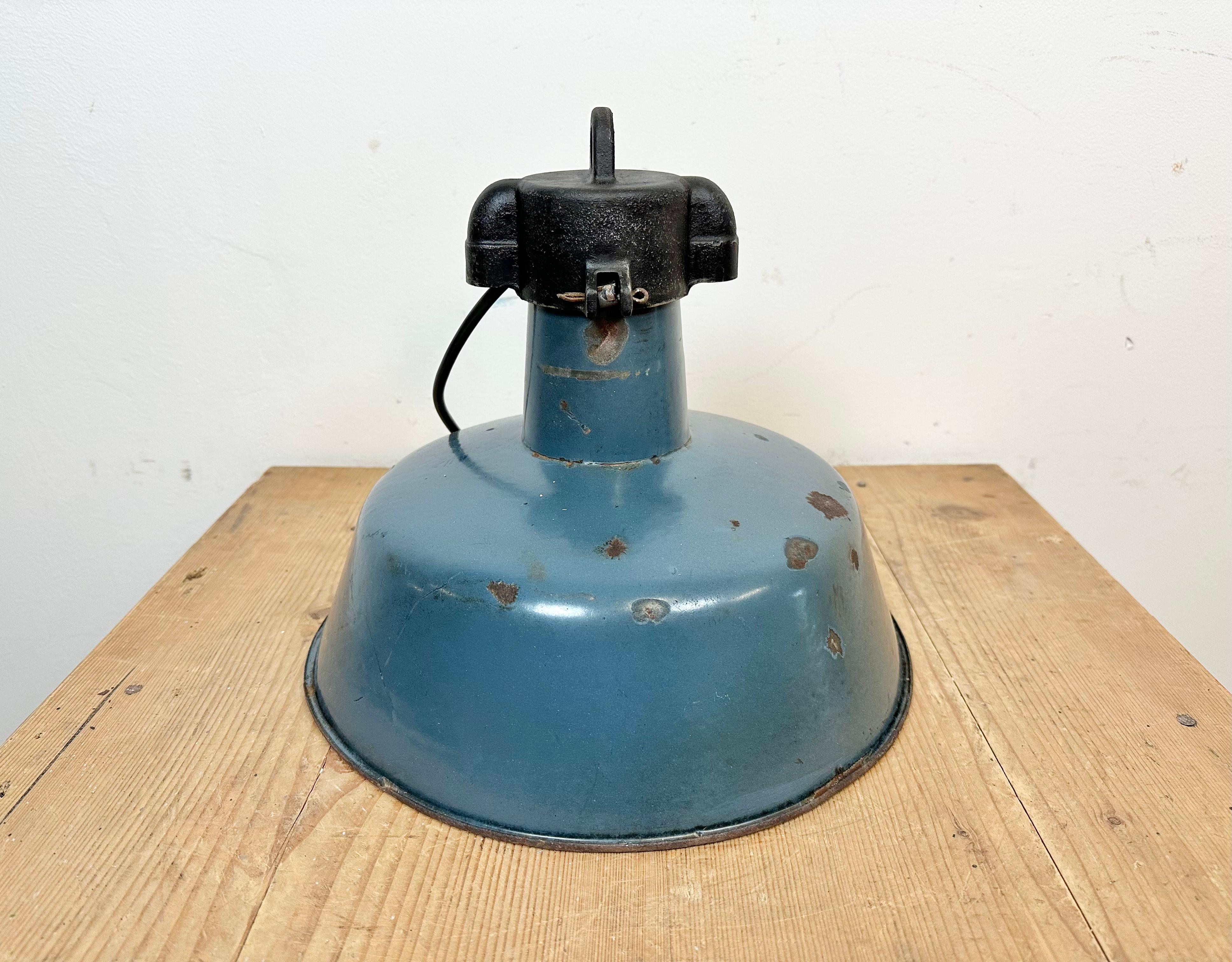 Industrial Blue Enamel Factory Lamp with Cast Iron Top, 1960s For Sale 9