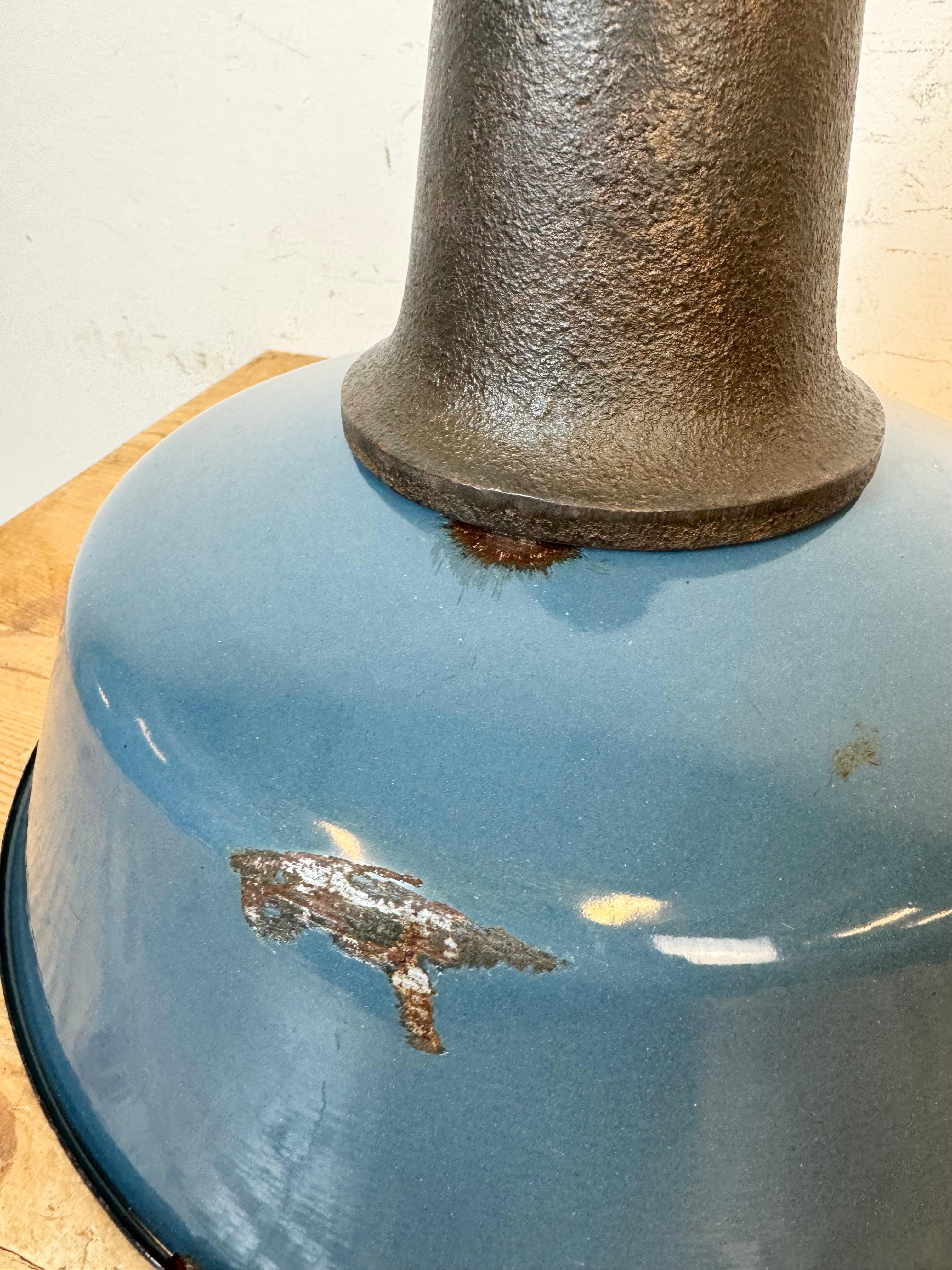 Industrial Blue Enamel Factory Lamp with Cast Iron Top, 1960s For Sale 10
