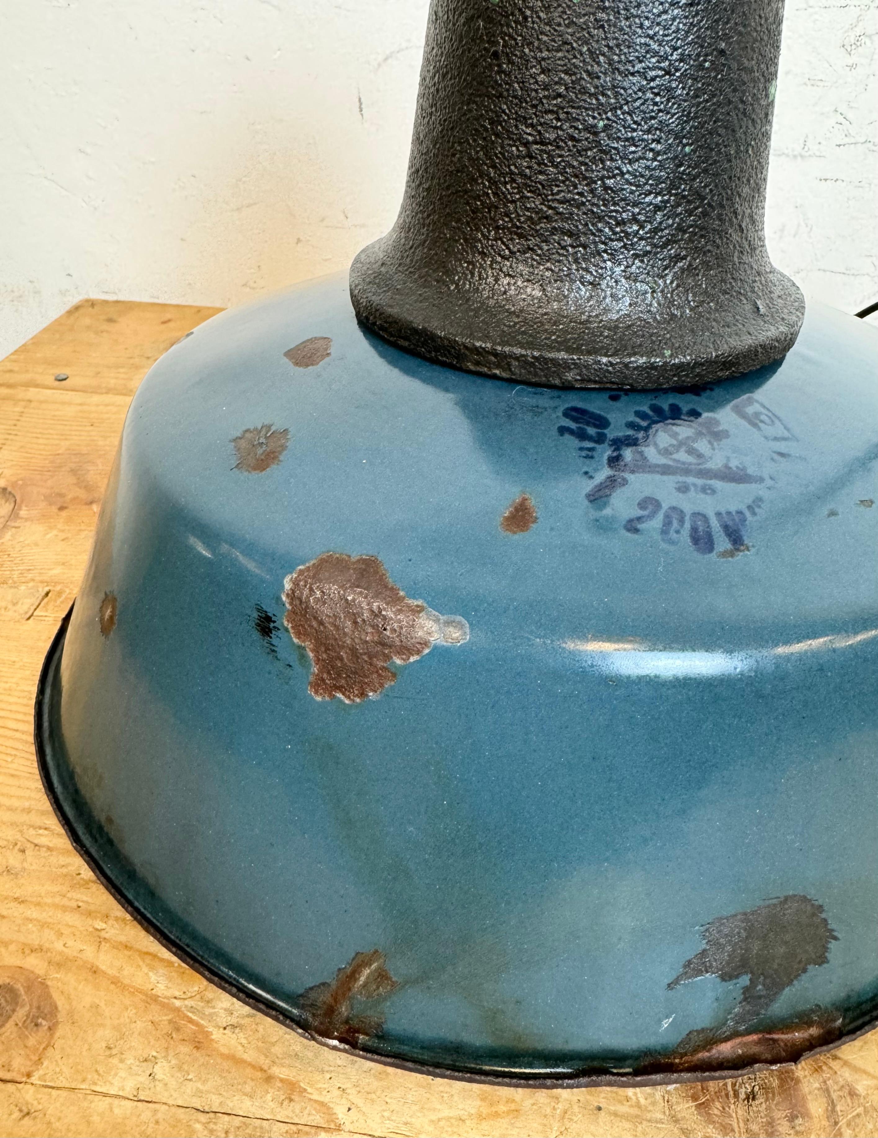 Industrial Blue Enamel Factory Lamp with Cast Iron Top, 1960s For Sale 11