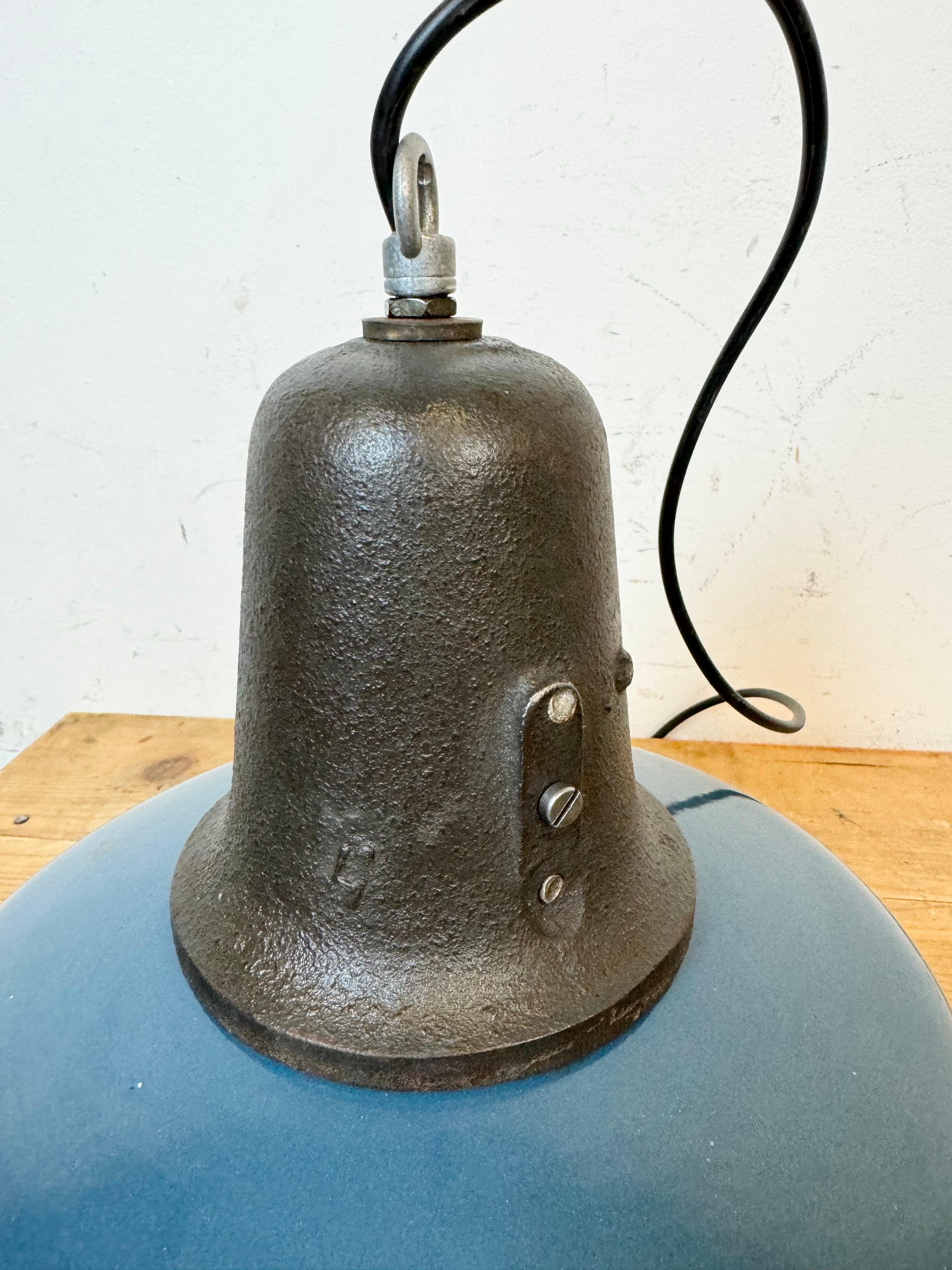 Industrial Blue Enamel Factory Lamp with Cast Iron Top, 1960s For Sale 12