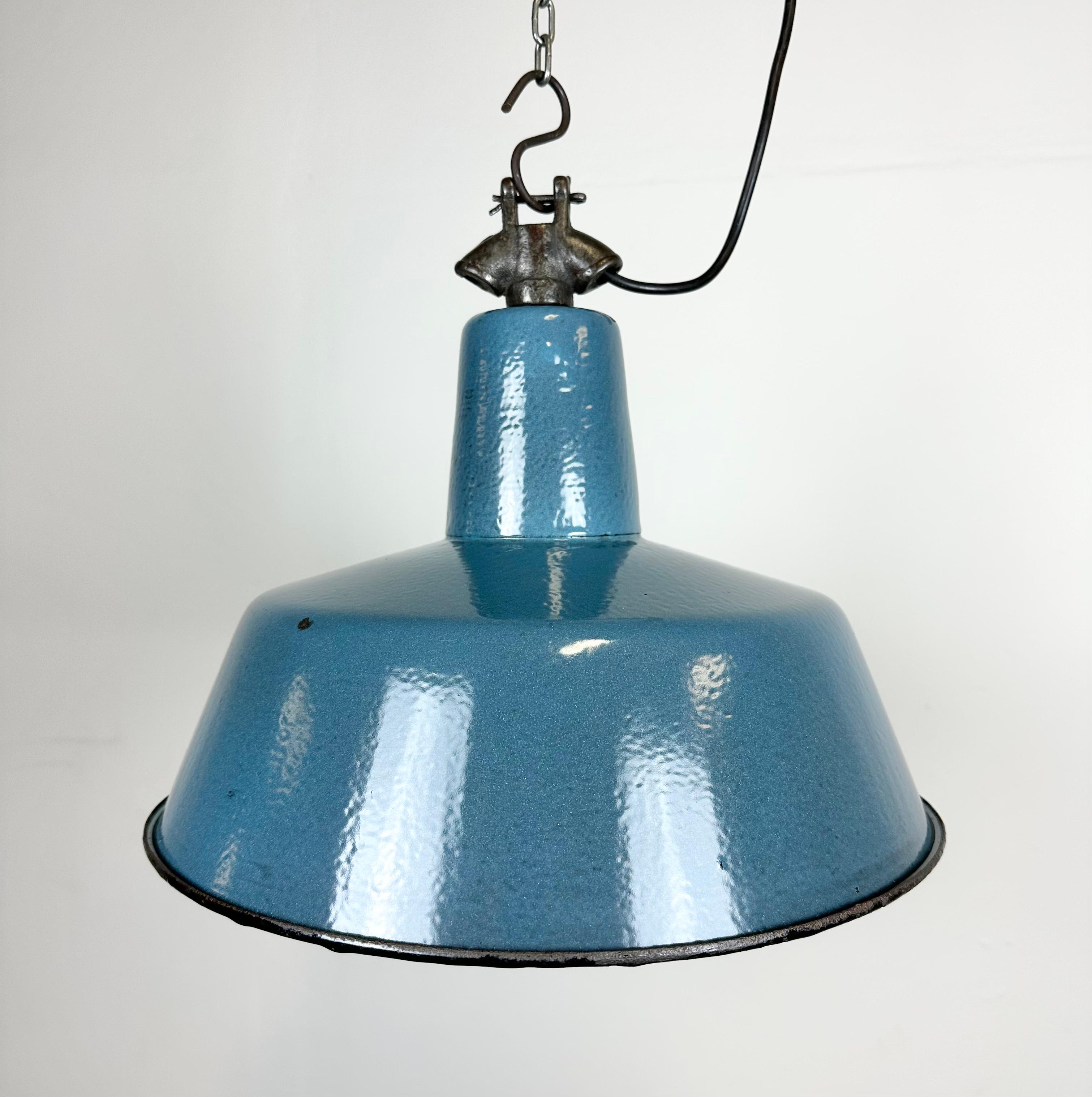 Polish Industrial Blue Enamel Factory Lamp with Cast Iron Top, 1960s For Sale