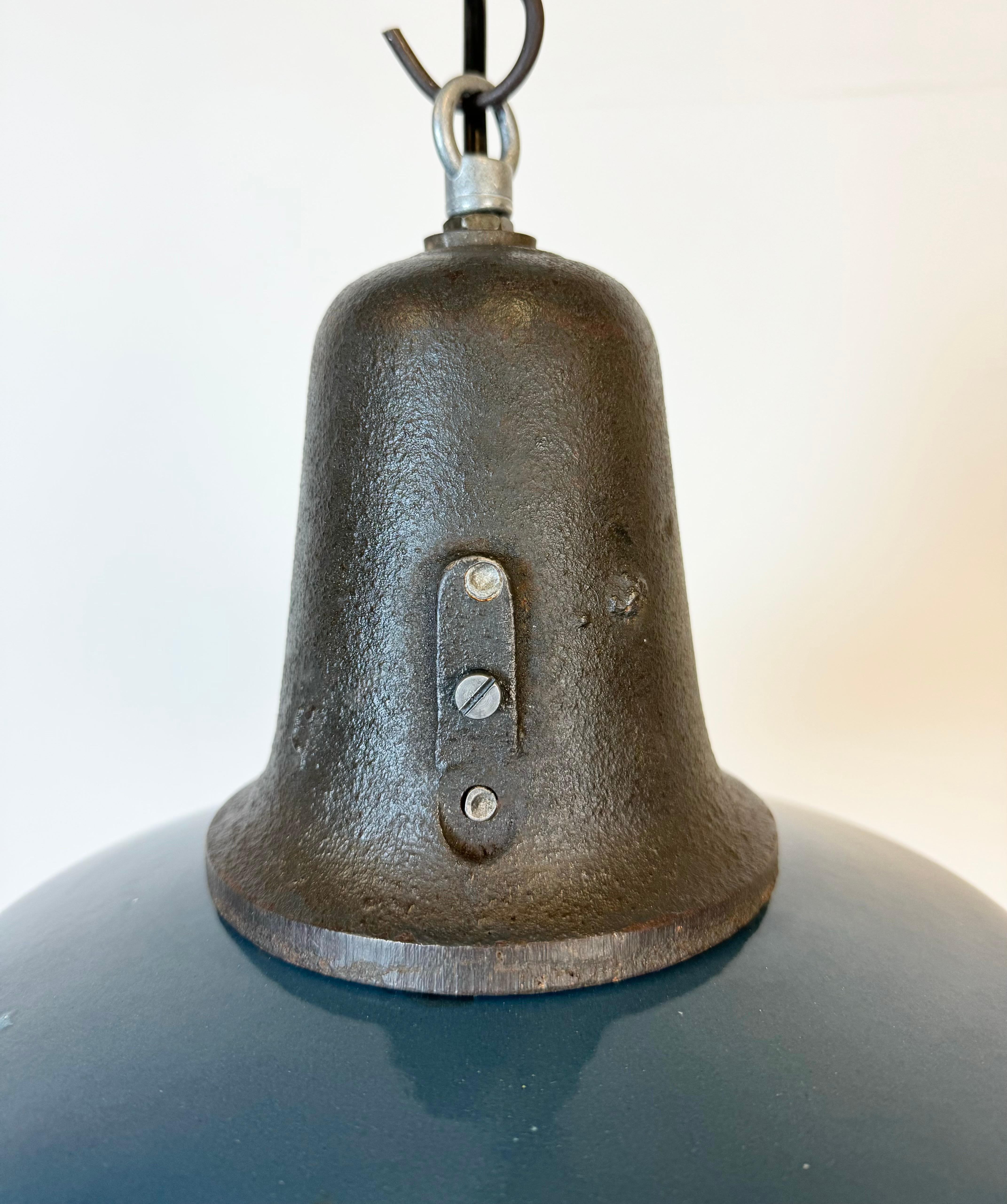 Industrial Blue Enamel Factory Lamp with Cast Iron Top, 1960s In Good Condition For Sale In Kojetice, CZ