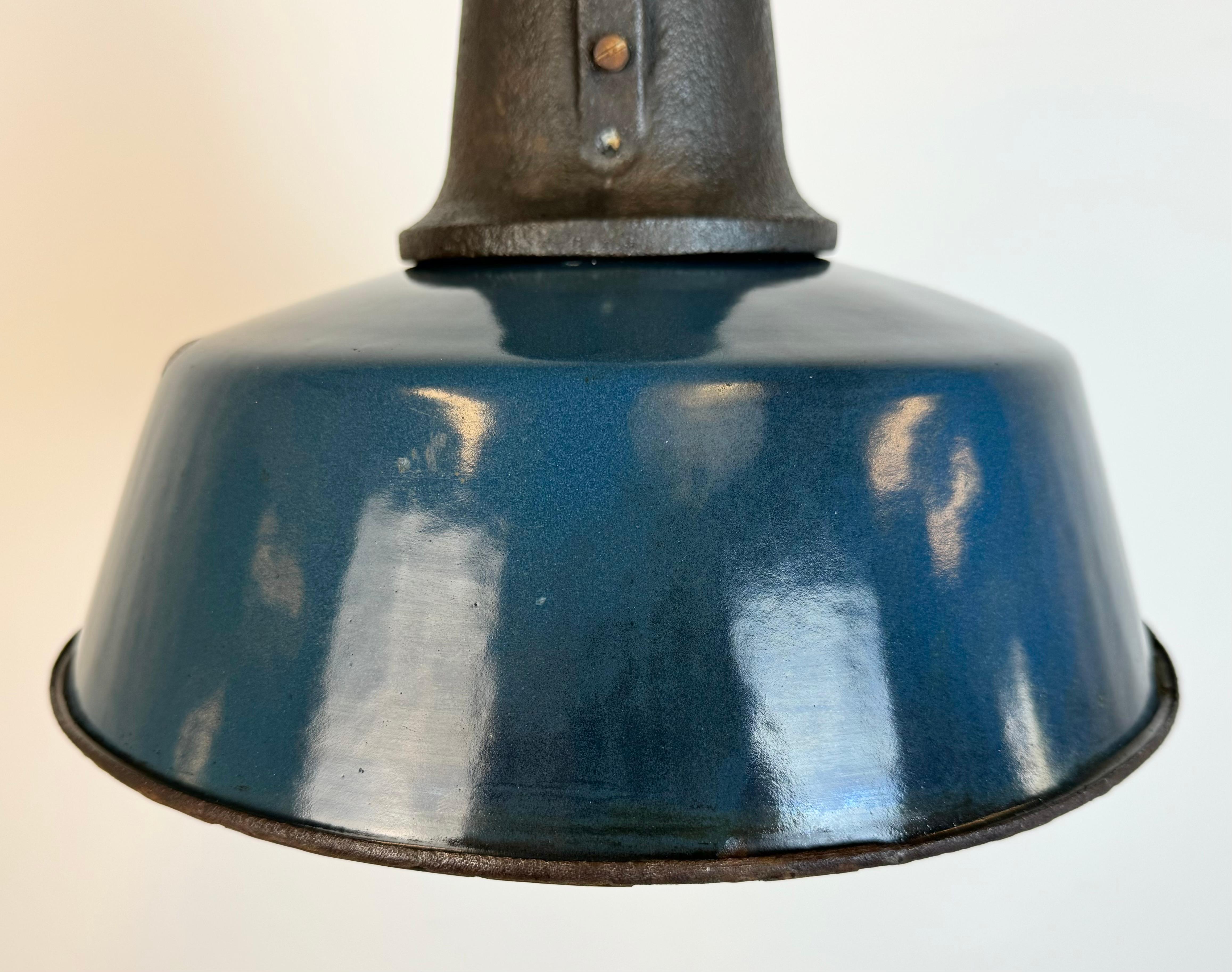 20th Century Industrial Blue Enamel Factory Lamp with Cast Iron Top, 1960s For Sale