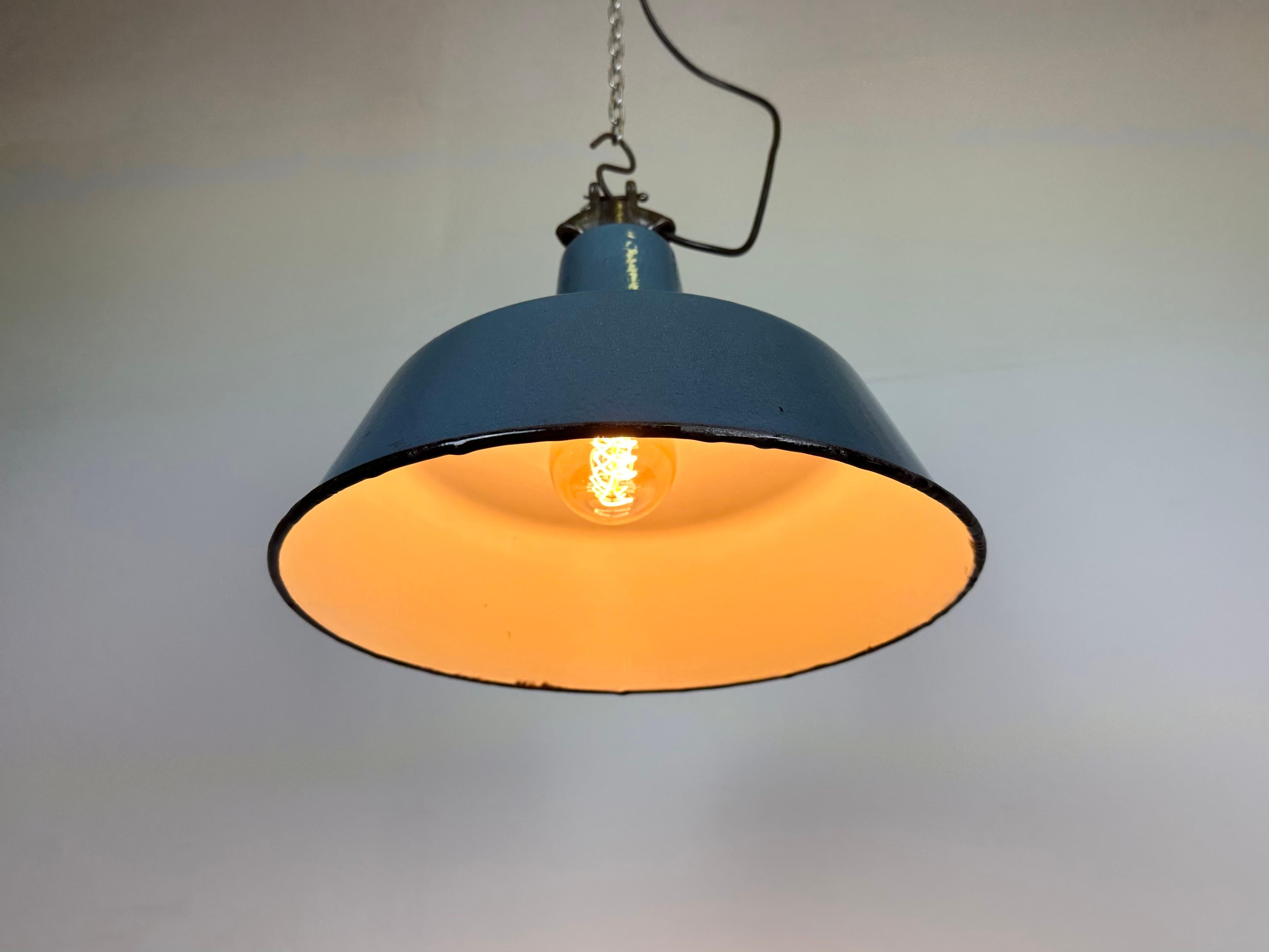 Industrial Blue Enamel Factory Lamp with Cast Iron Top, 1960s For Sale 2