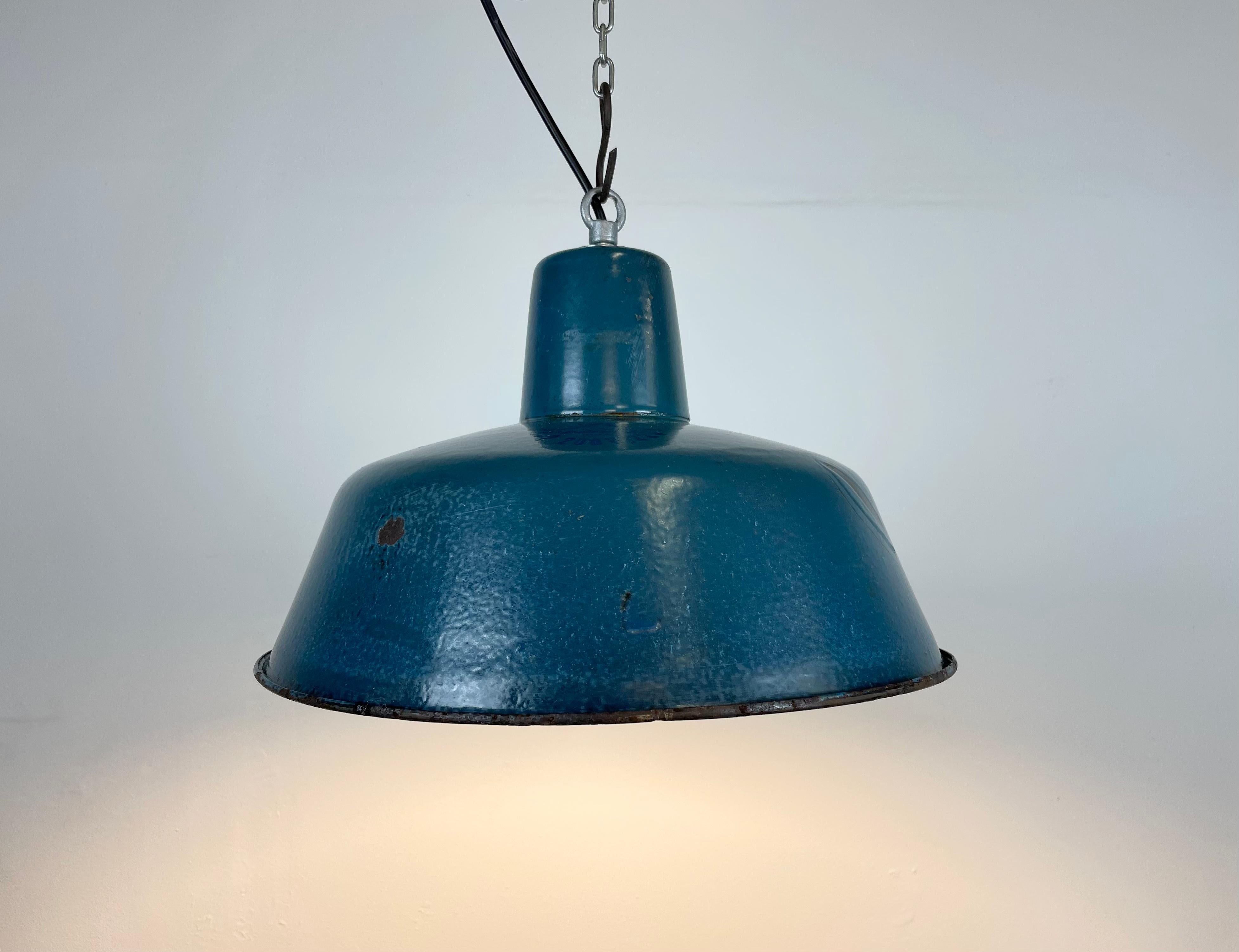 Industrial Blue Enamel Factory Pendant Lamp, 1960s For Sale 7