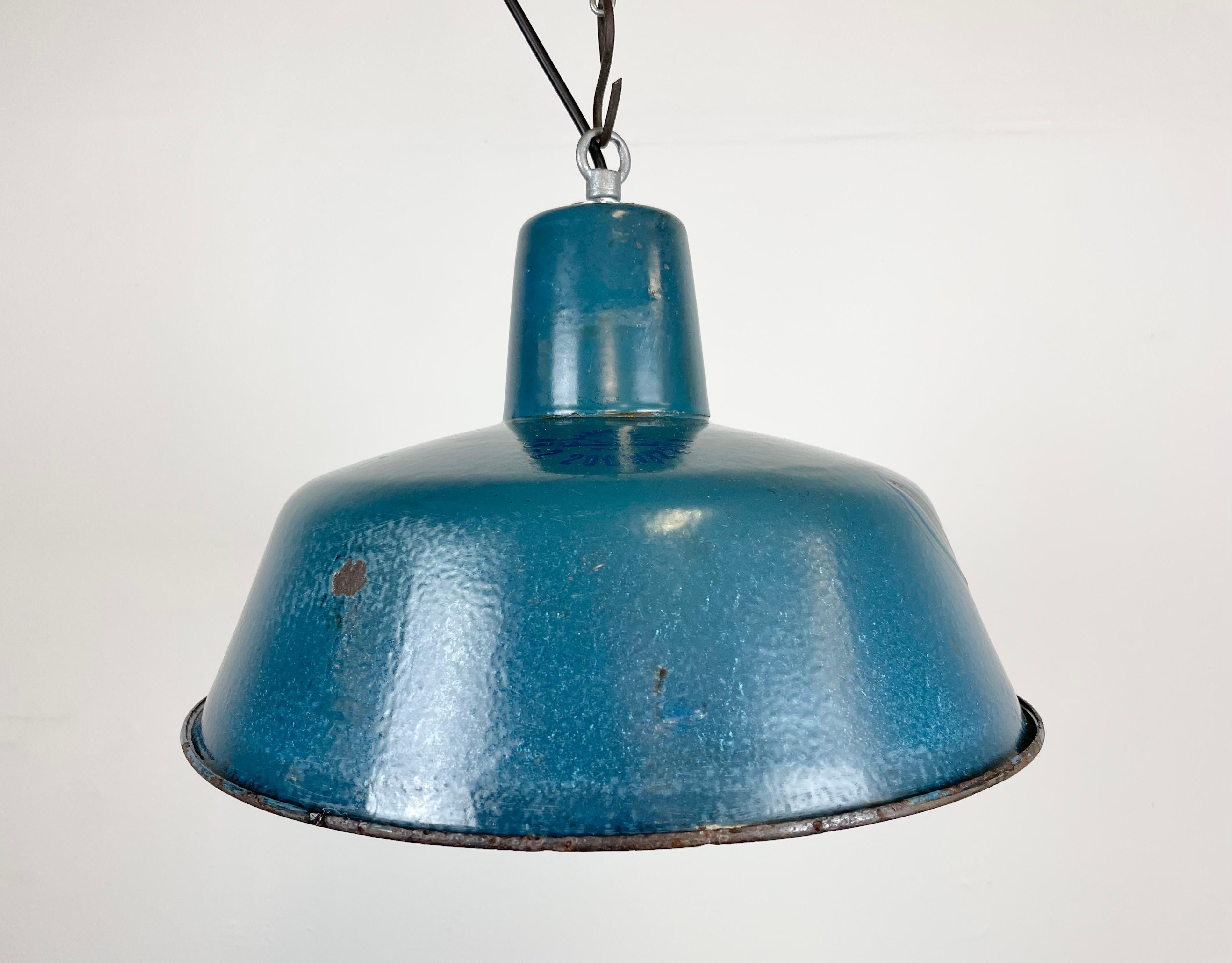 Polish Industrial Blue Enamel Factory Pendant Lamp, 1960s For Sale