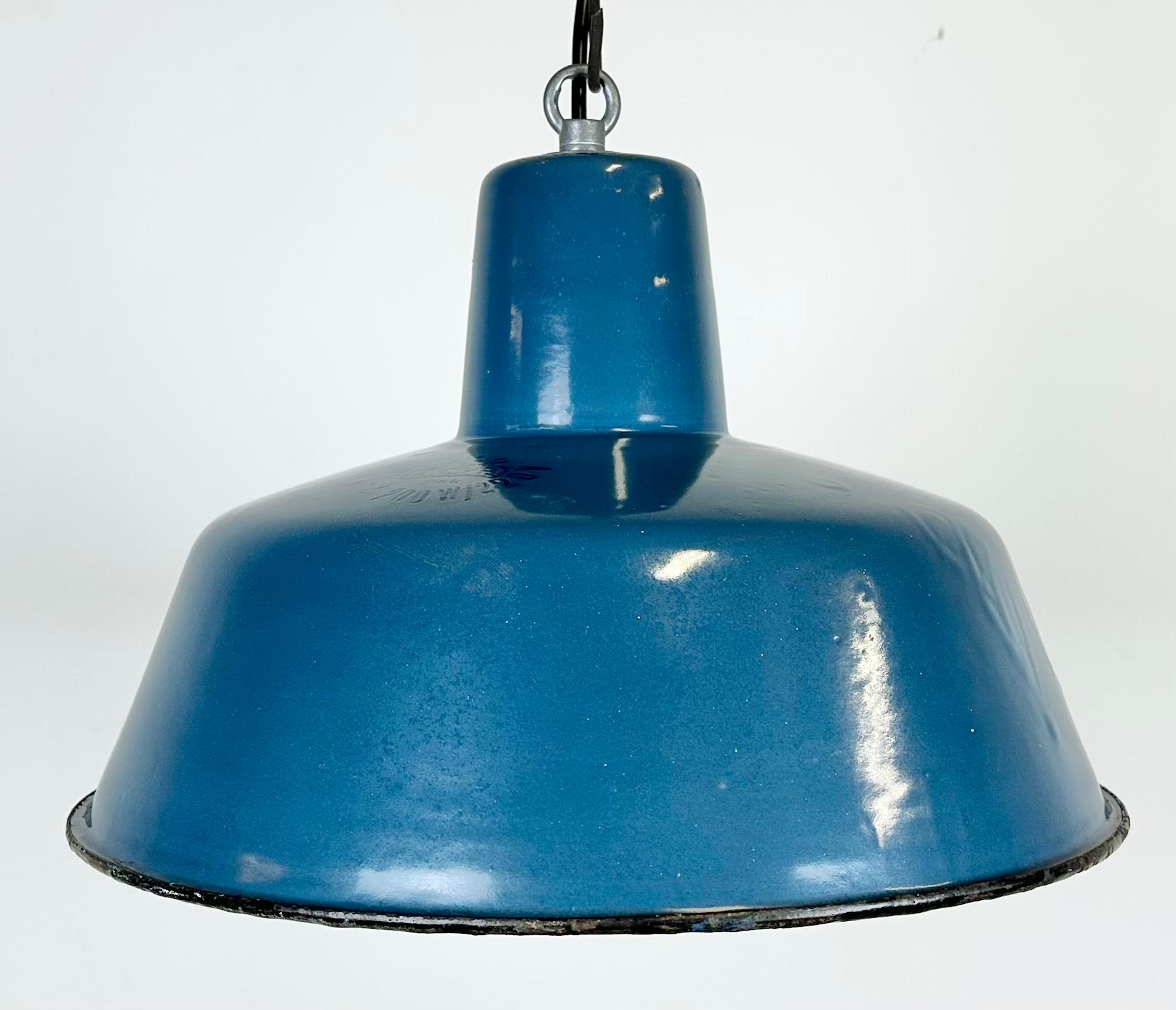 Polish Industrial Blue Enamel Factory Pendant Lamp, 1960s