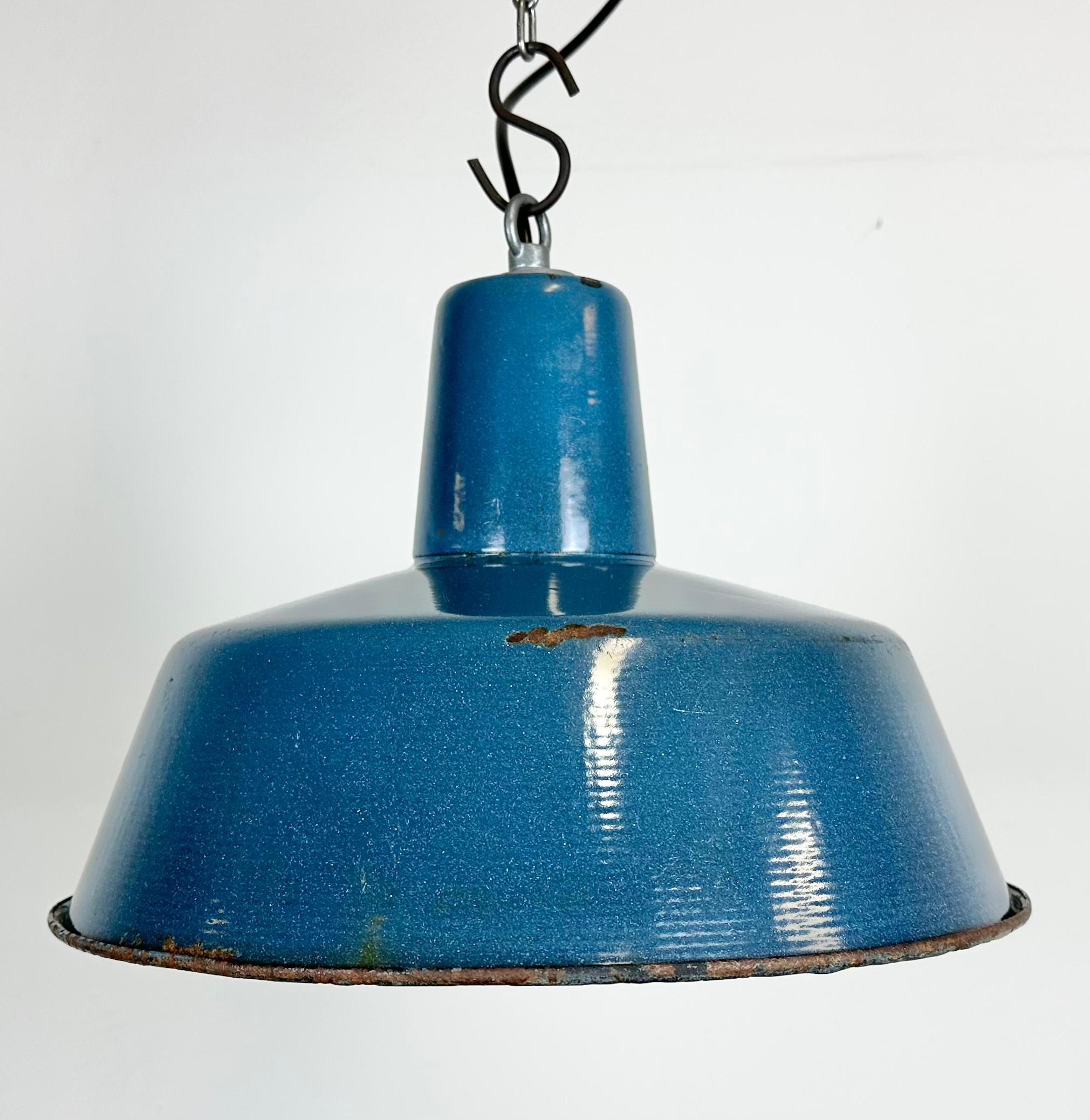 Polish Industrial Blue Enamel Factory Pendant Lamp, 1960s