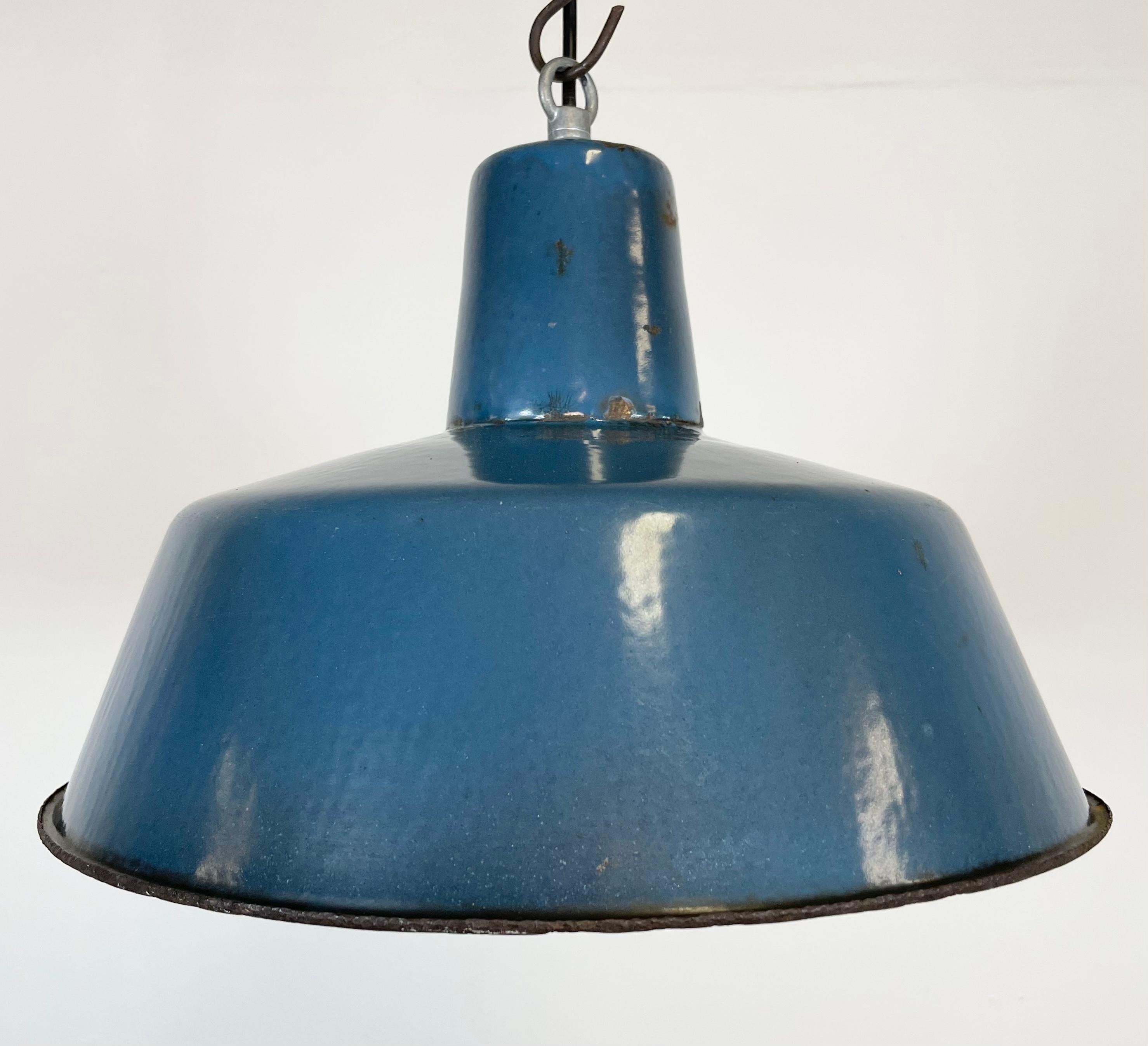 Industrial Blue Enamel Factory Pendant Lamp, 1960s In Good Condition In Kojetice, CZ