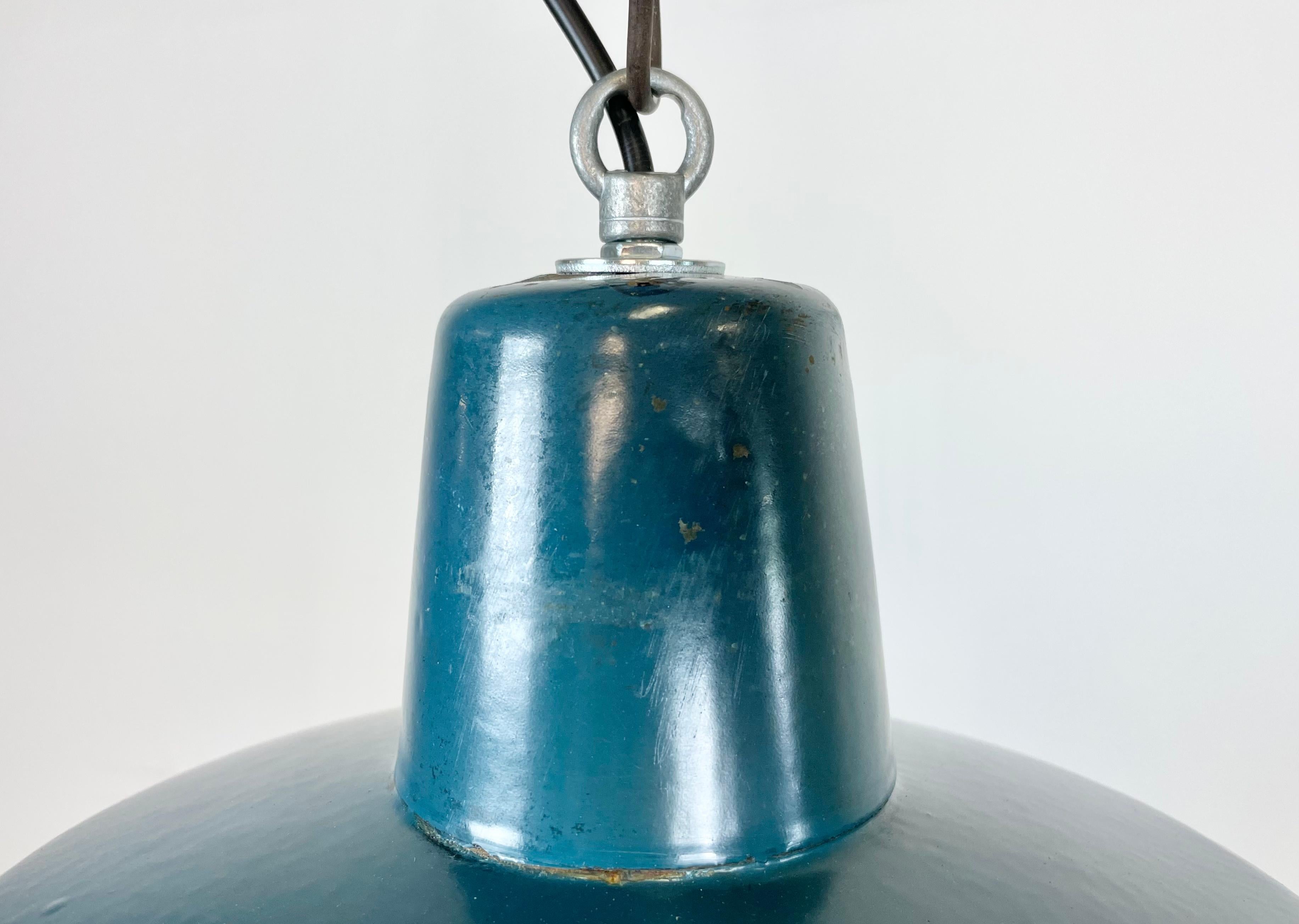 Industrial Blue Enamel Factory Pendant Lamp, 1960s In Good Condition For Sale In Kojetice, CZ
