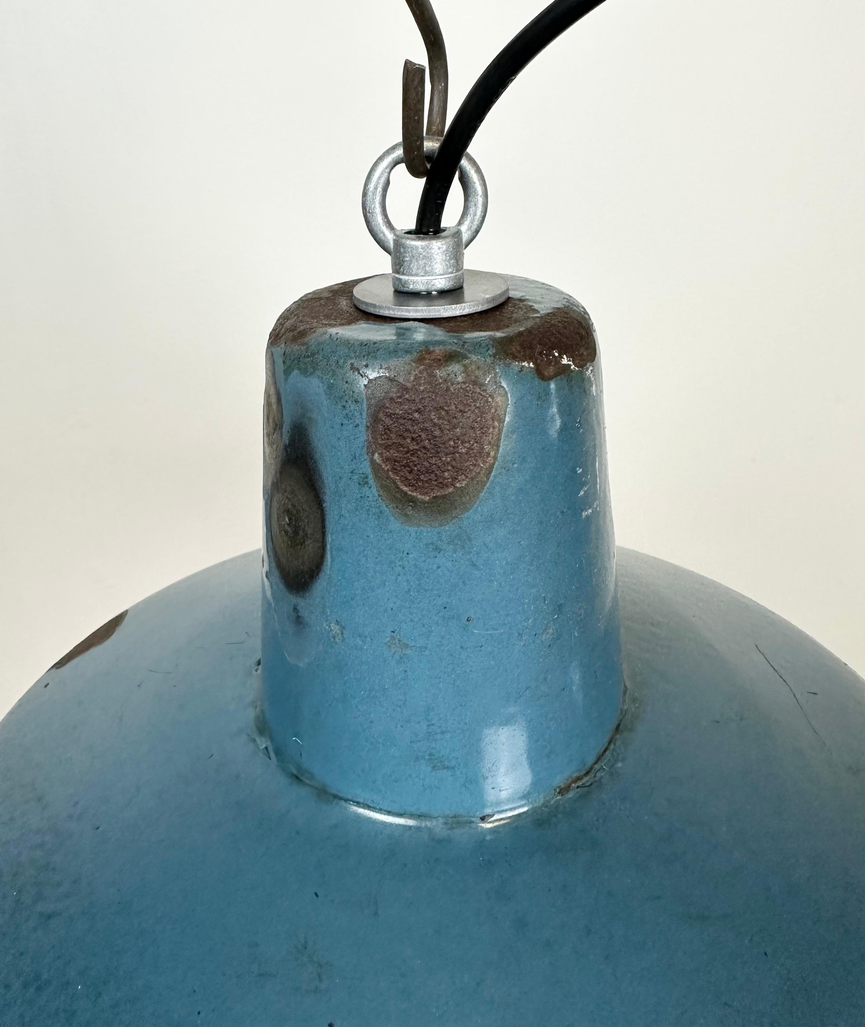 Industrial Blue Enamel Factory Pendant Lamp, 1960s In Fair Condition In Kojetice, CZ
