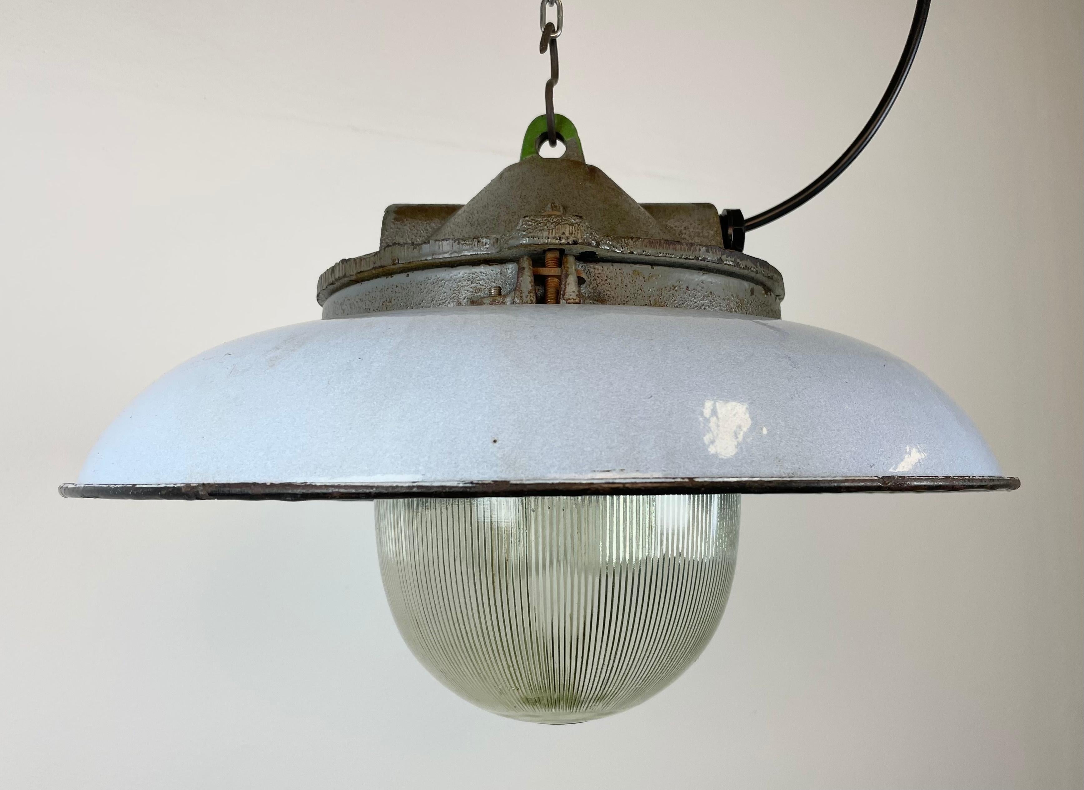 Polish Industrial Blue Enamel Factory Pendant Lamp in Cast Iron from Zaos, 1960s For Sale