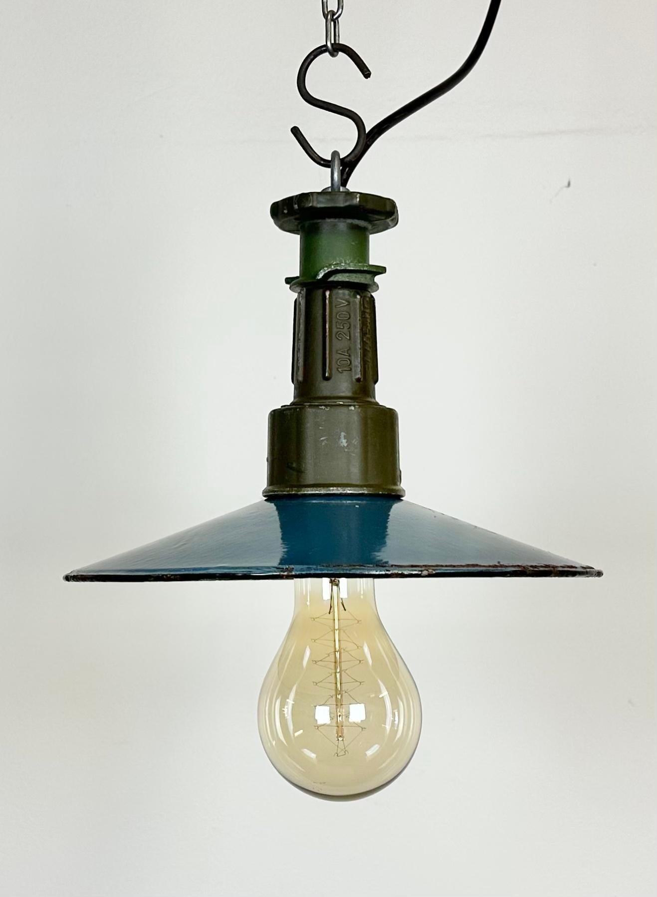 Polish Industrial Blue Enamel Factory Pendant Lamp with Cast Aluminium Top, 1960s For Sale