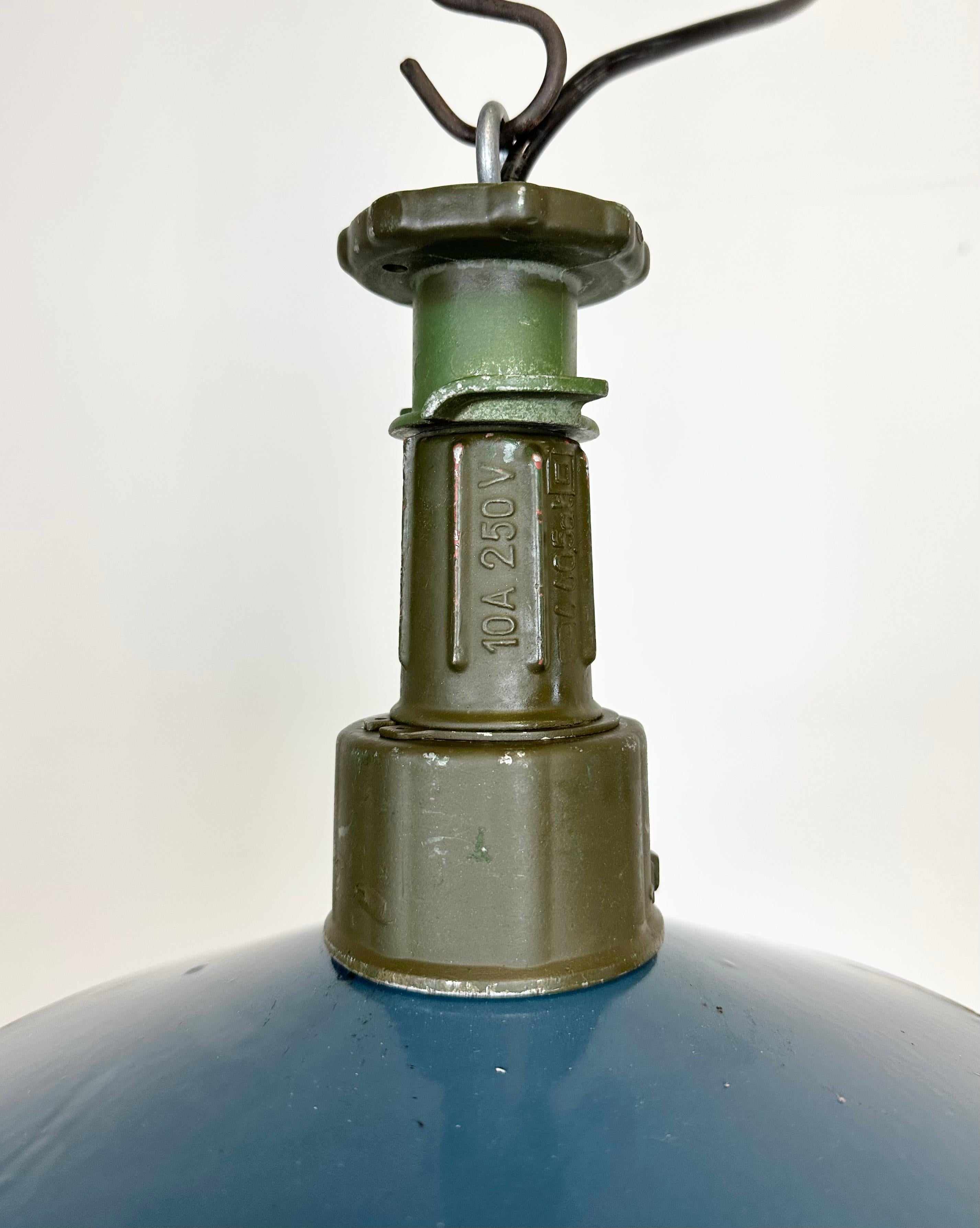 Industrial Blue Enamel Factory Pendant Lamp with Cast Aluminium Top, 1960s In Good Condition For Sale In Kojetice, CZ