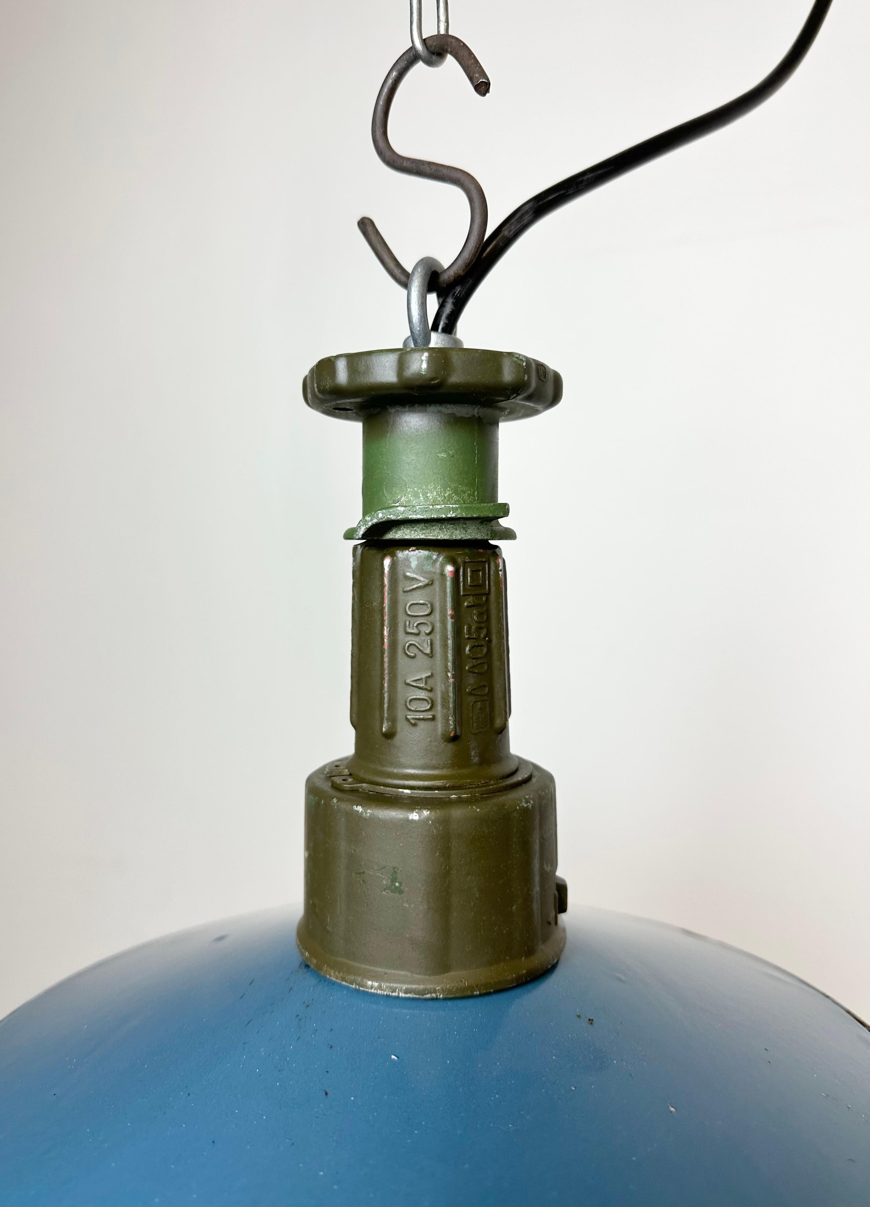 20th Century Industrial Blue Enamel Factory Pendant Lamp with Cast Aluminium Top, 1960s For Sale