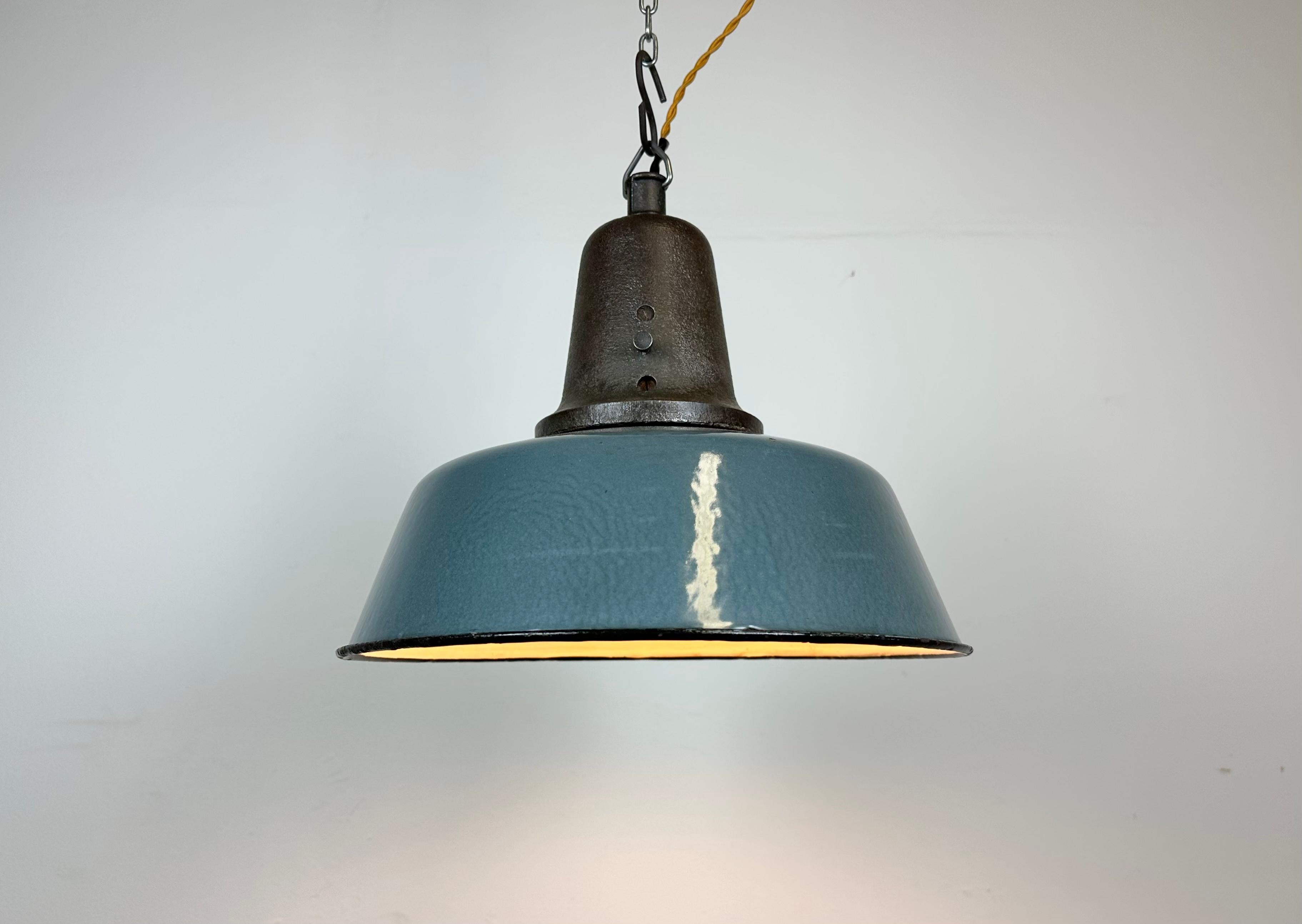 Industrial Blue Enamel Factory Pendant Lamp with Cast Iron Top, 1960s 5