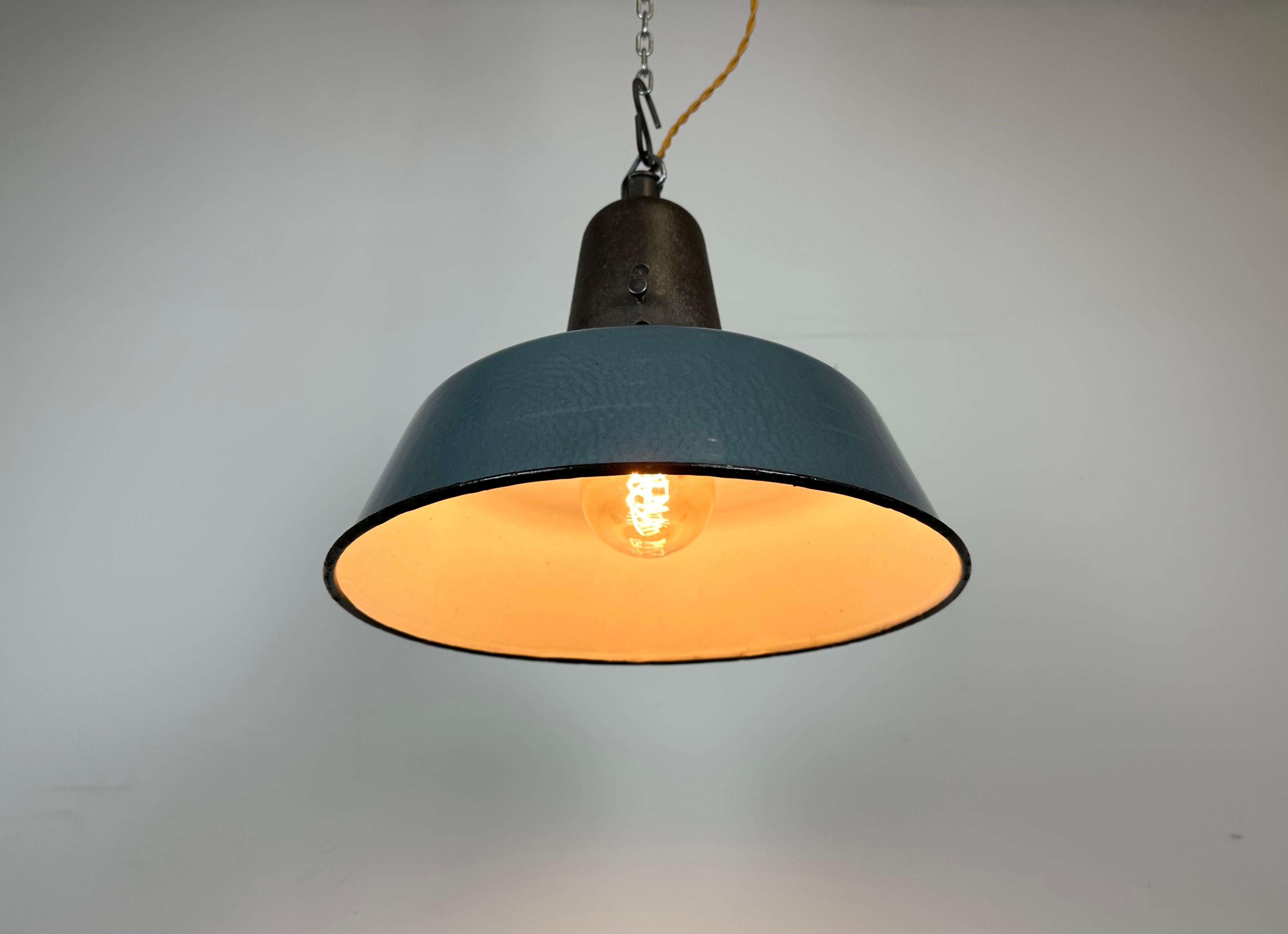 Industrial Blue Enamel Factory Pendant Lamp with Cast Iron Top, 1960s 6