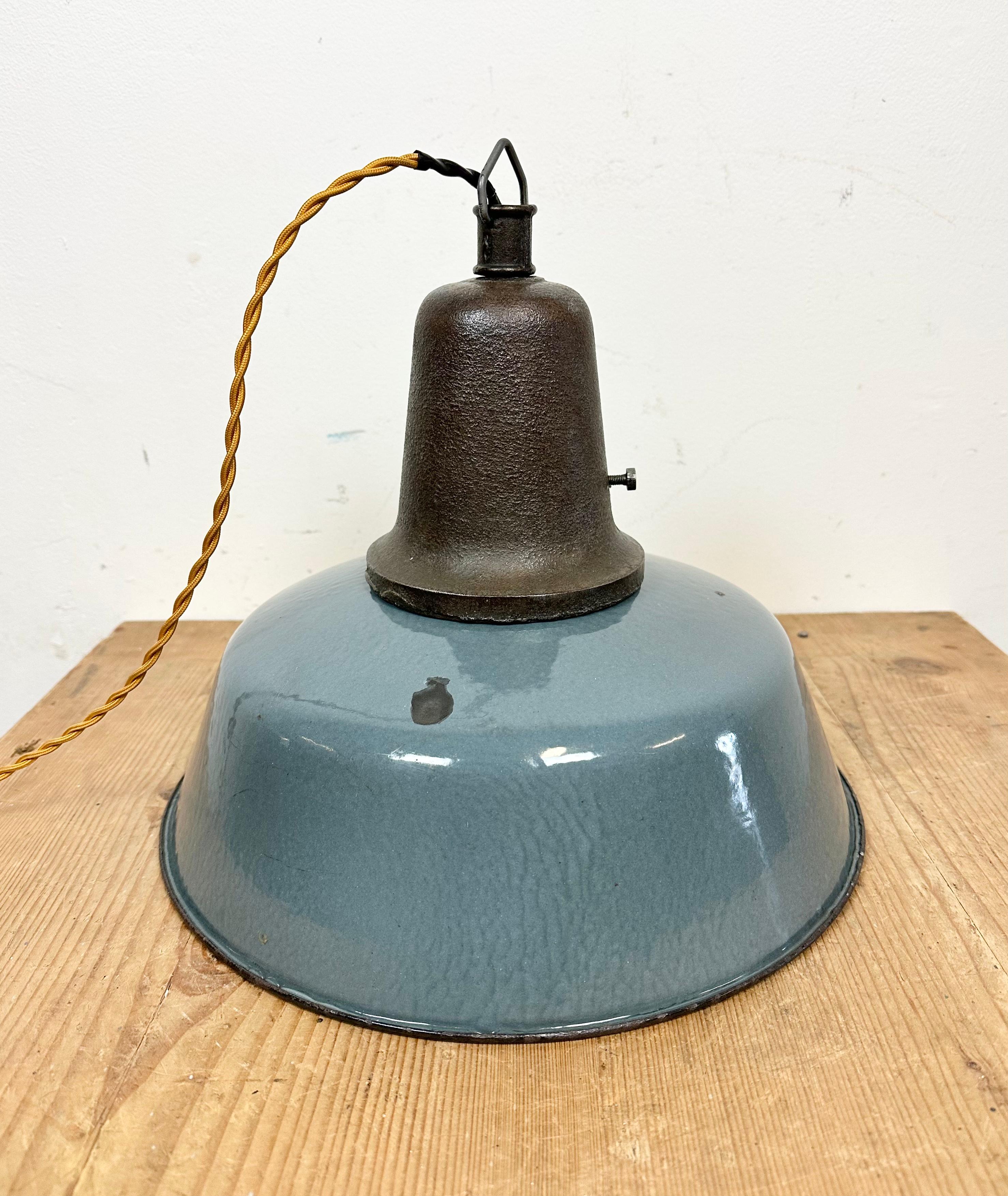Industrial Blue Enamel Factory Pendant Lamp with Cast Iron Top, 1960s 8