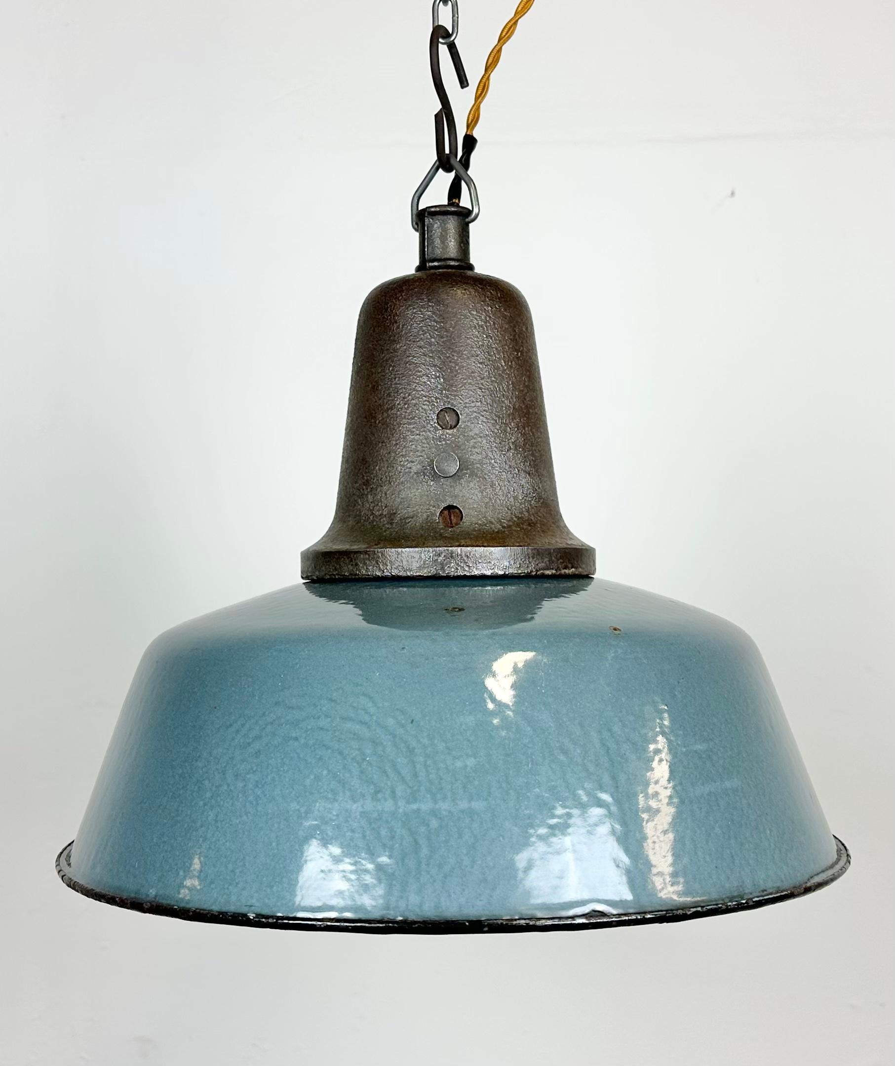 Polish Industrial Blue Enamel Factory Pendant Lamp with Cast Iron Top, 1960s
