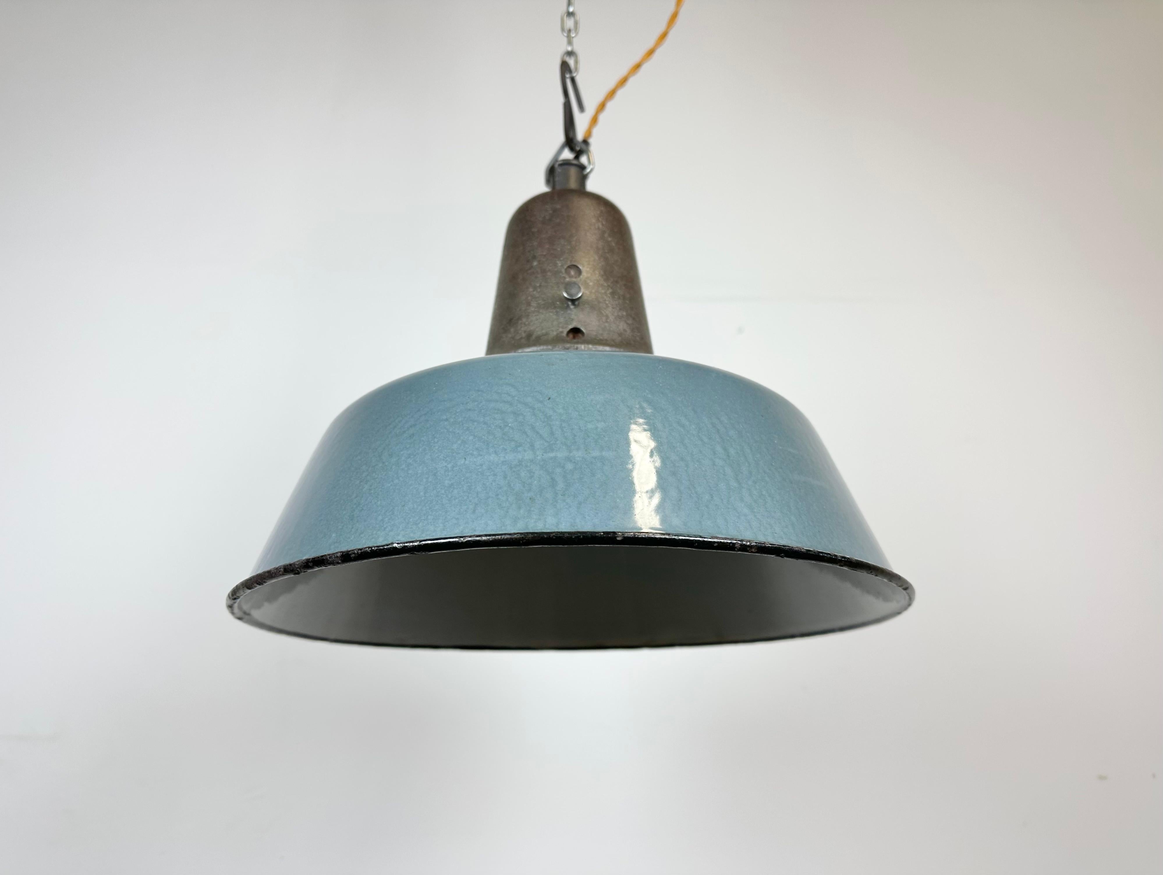 Industrial Blue Enamel Factory Pendant Lamp with Cast Iron Top, 1960s 4