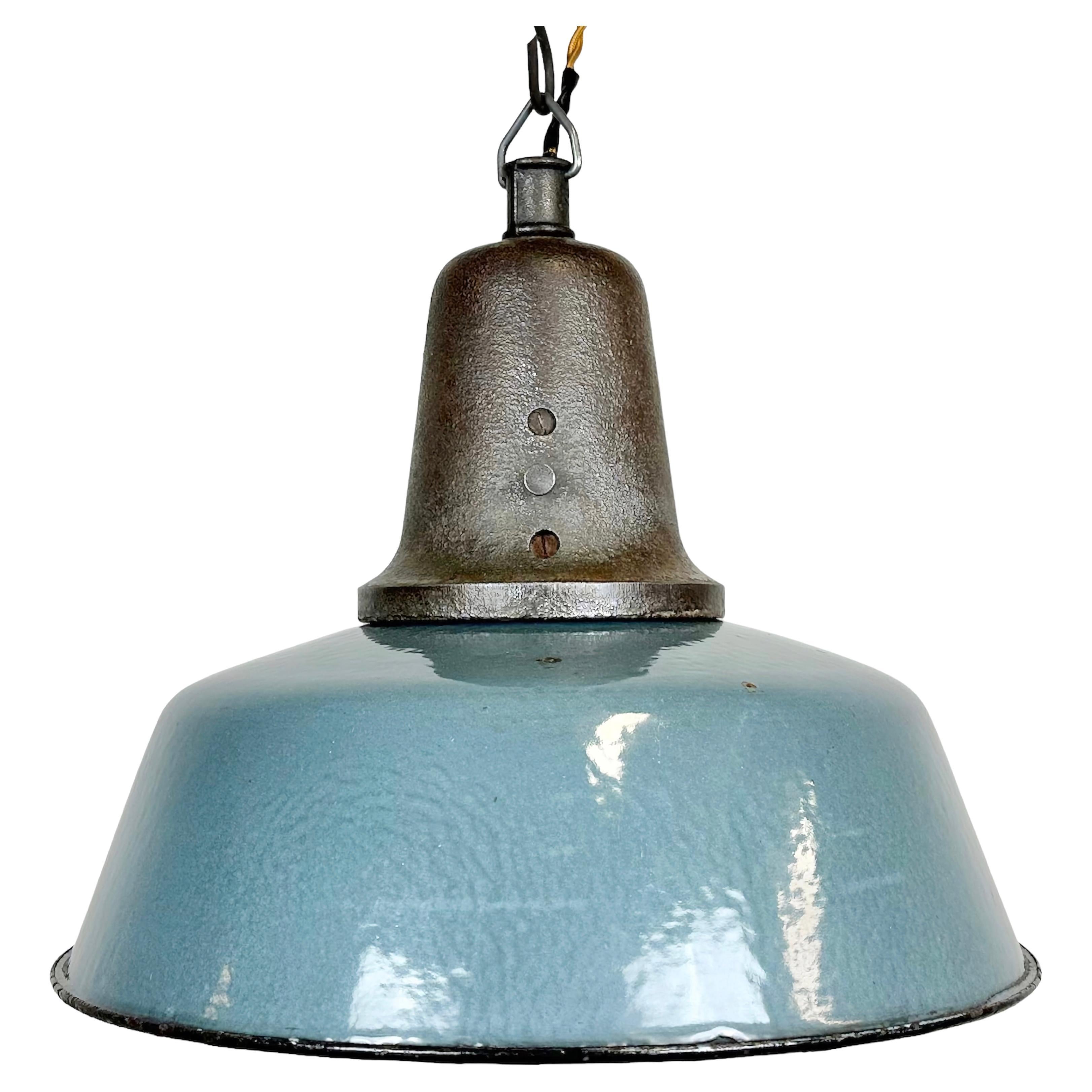 Industrial Blue Enamel Factory Pendant Lamp with Cast Iron Top, 1960s