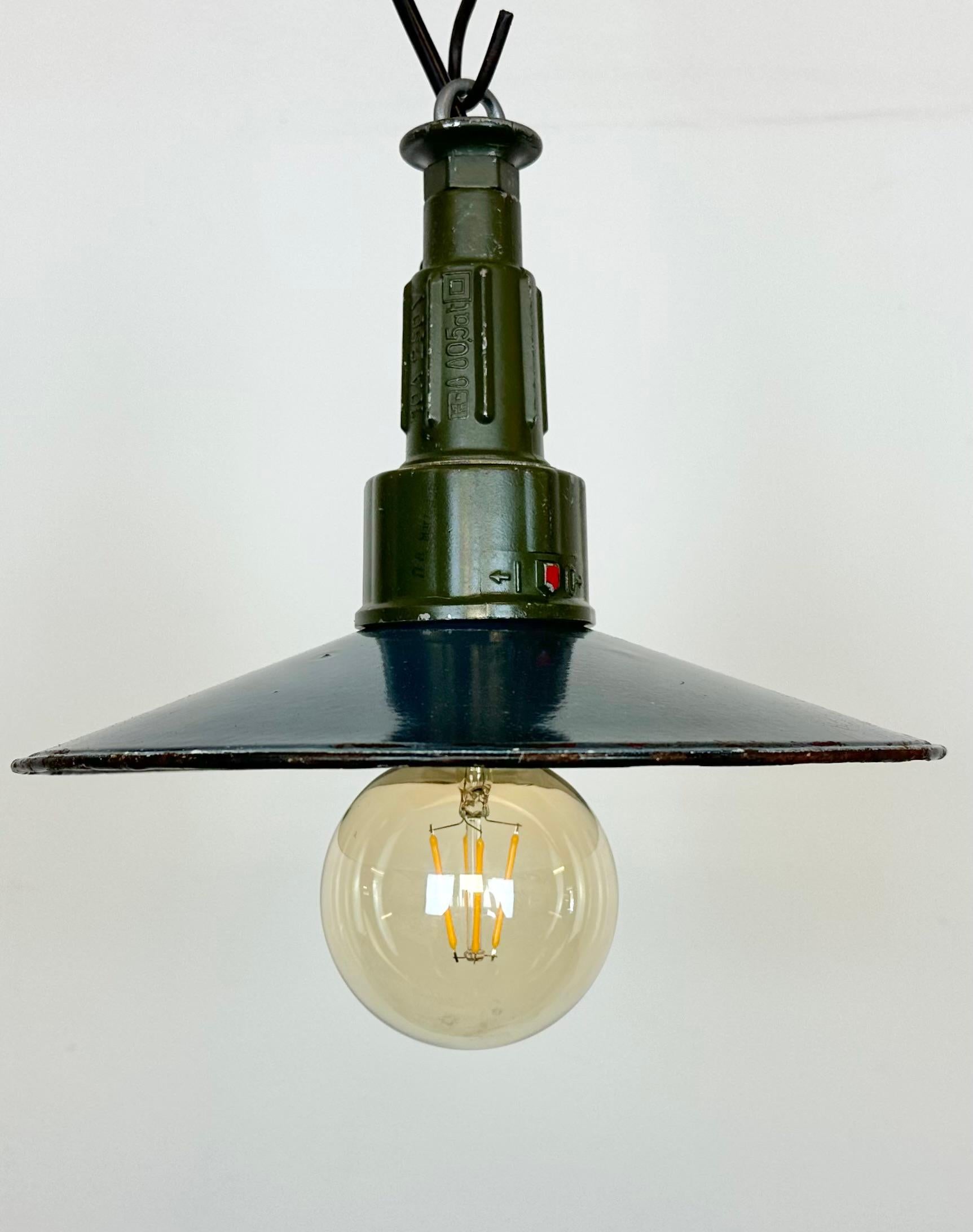 Polish Industrial Blue Enamel Military Pendant Lamp with Cast Aluminium Top, 1960 For Sale