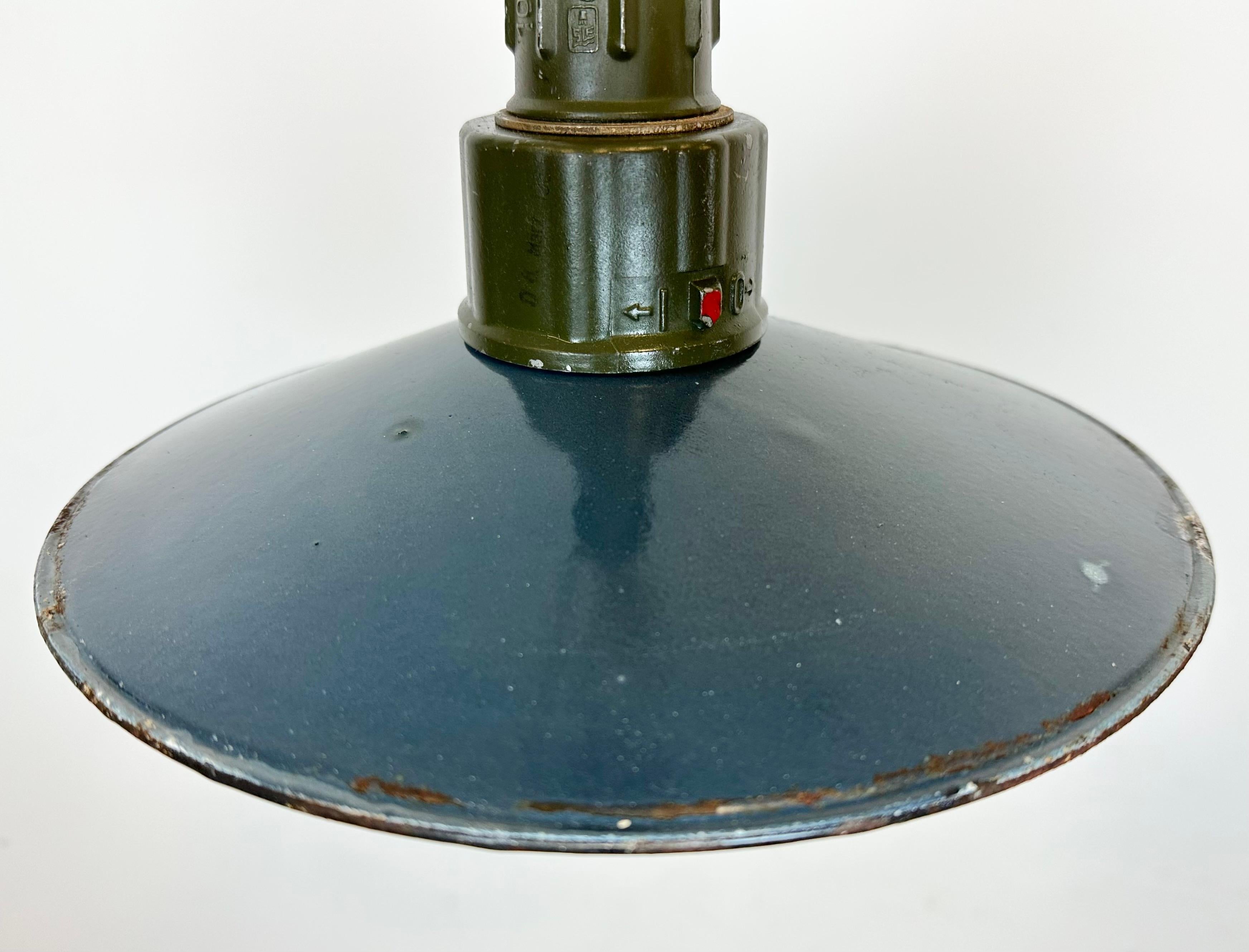 20th Century Industrial Blue Enamel Military Pendant Lamp with Cast Aluminium Top, 1960 For Sale