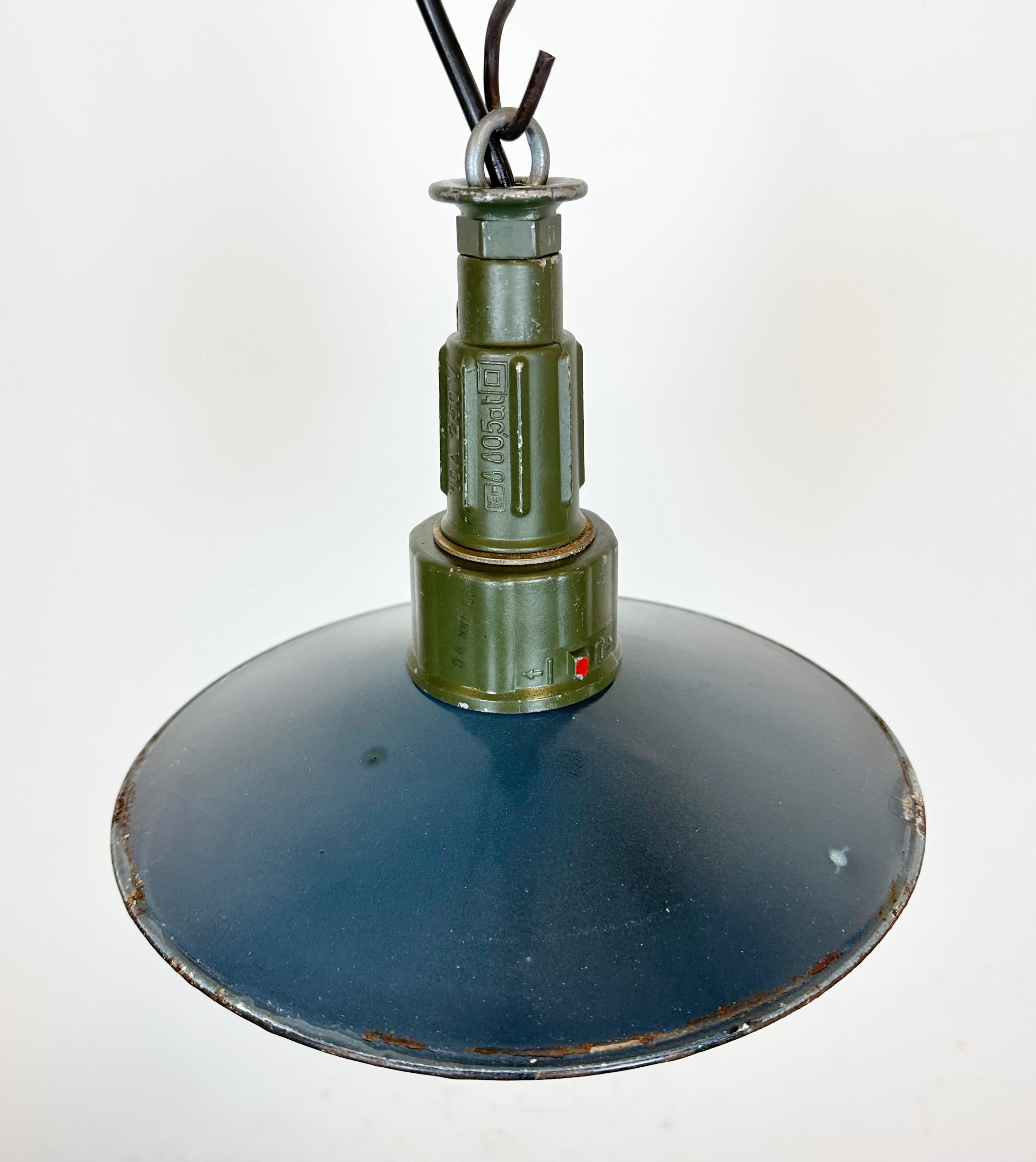 Industrial Blue Enamel Military Pendant Lamp with Cast Aluminium Top, 1960 For Sale 1