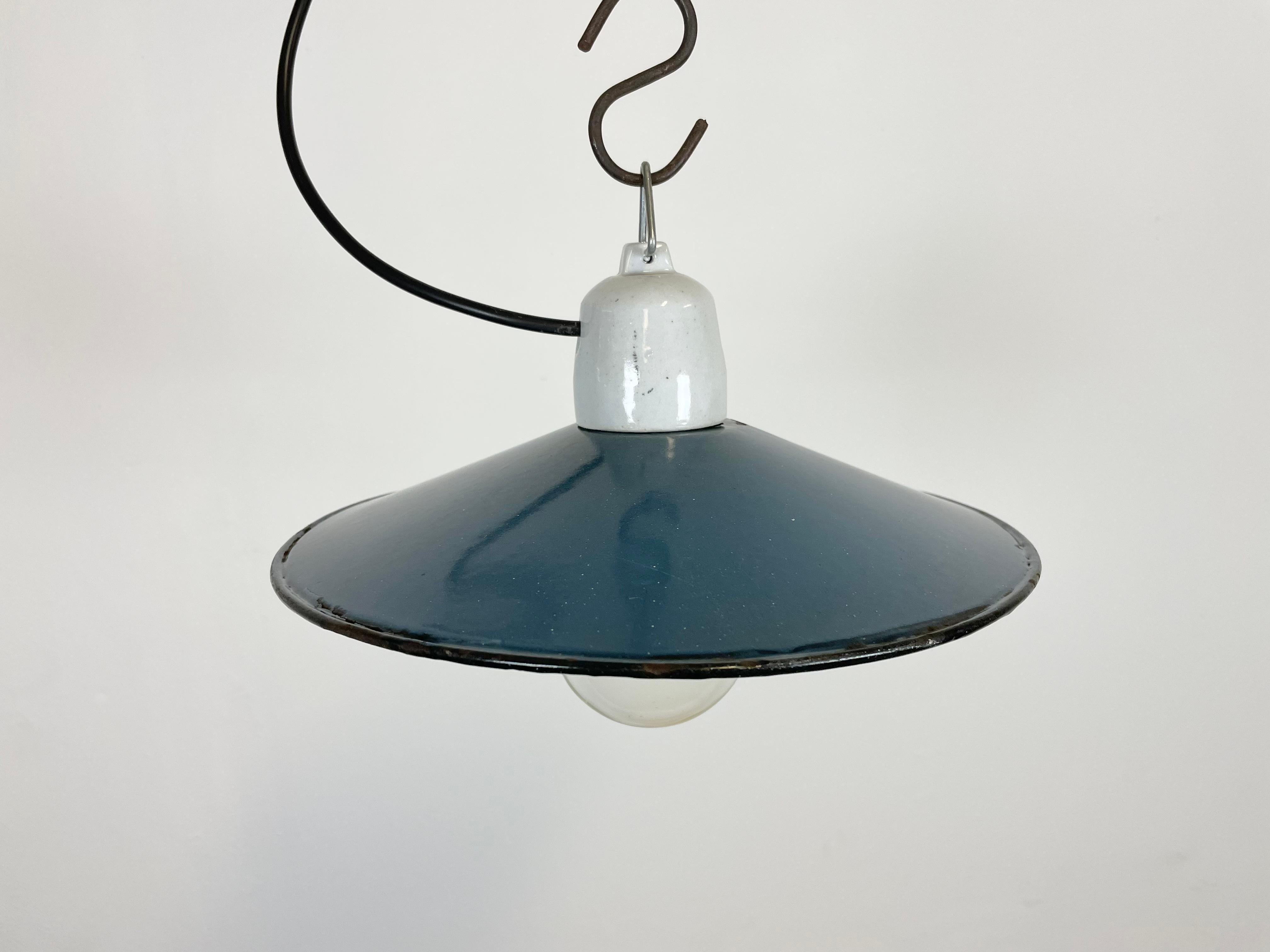 Polish Industrial Blue Enamel Pendant Light, 1970s For Sale