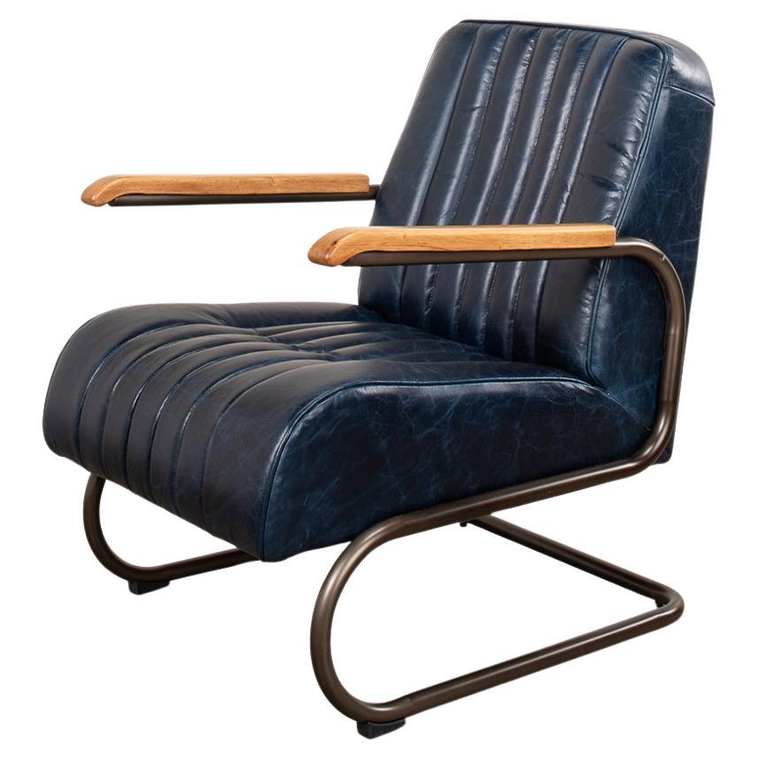 Industrial Blue Leather Armchair For Sale