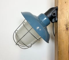Industrial Blue Painted Factory Wall Cage Lamp from Elektrosvit, 1960s