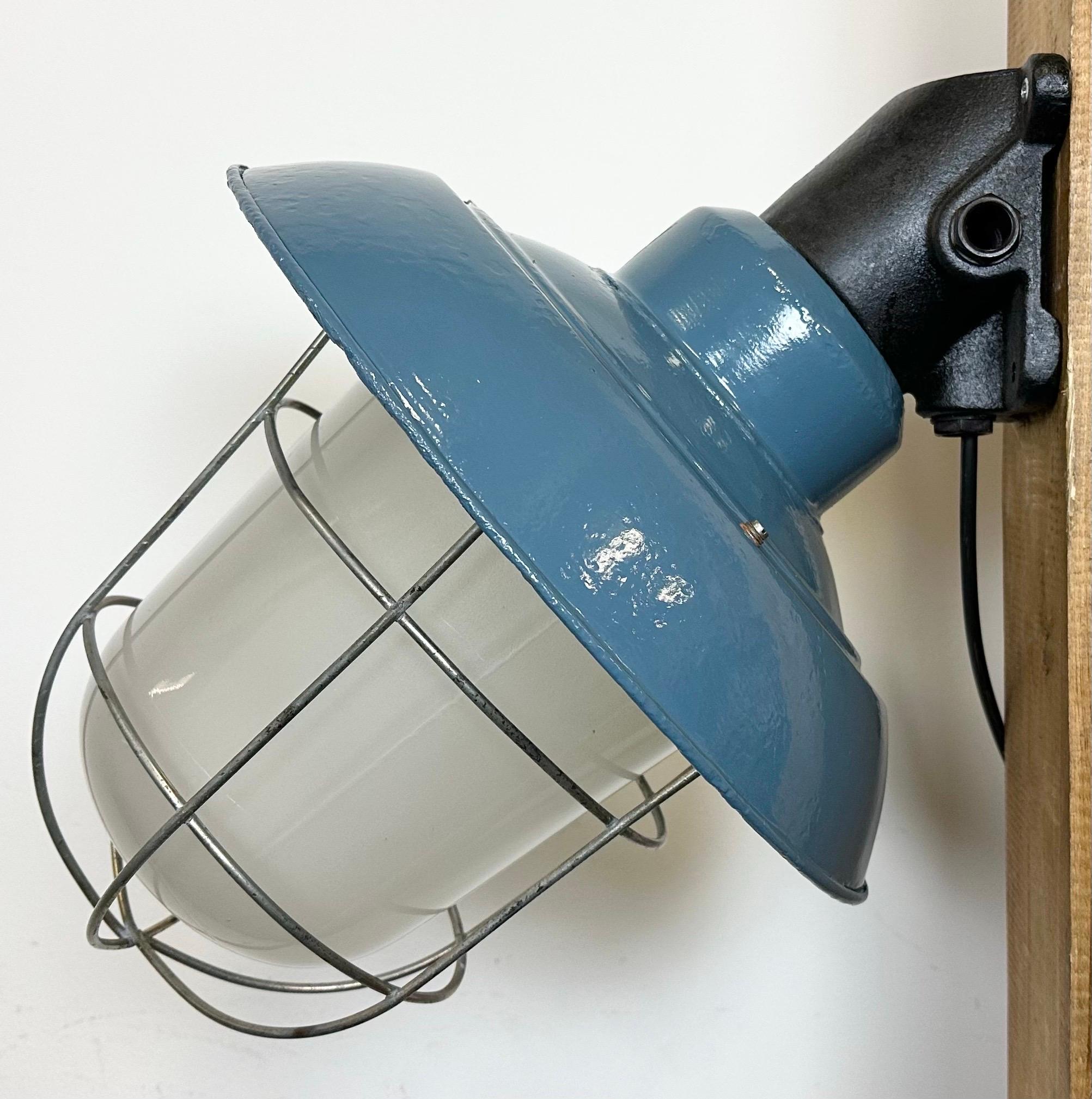 Czech Industrial Blue Painted Factory Wall Cage Lamp from Elektrosvit, 1960s For Sale