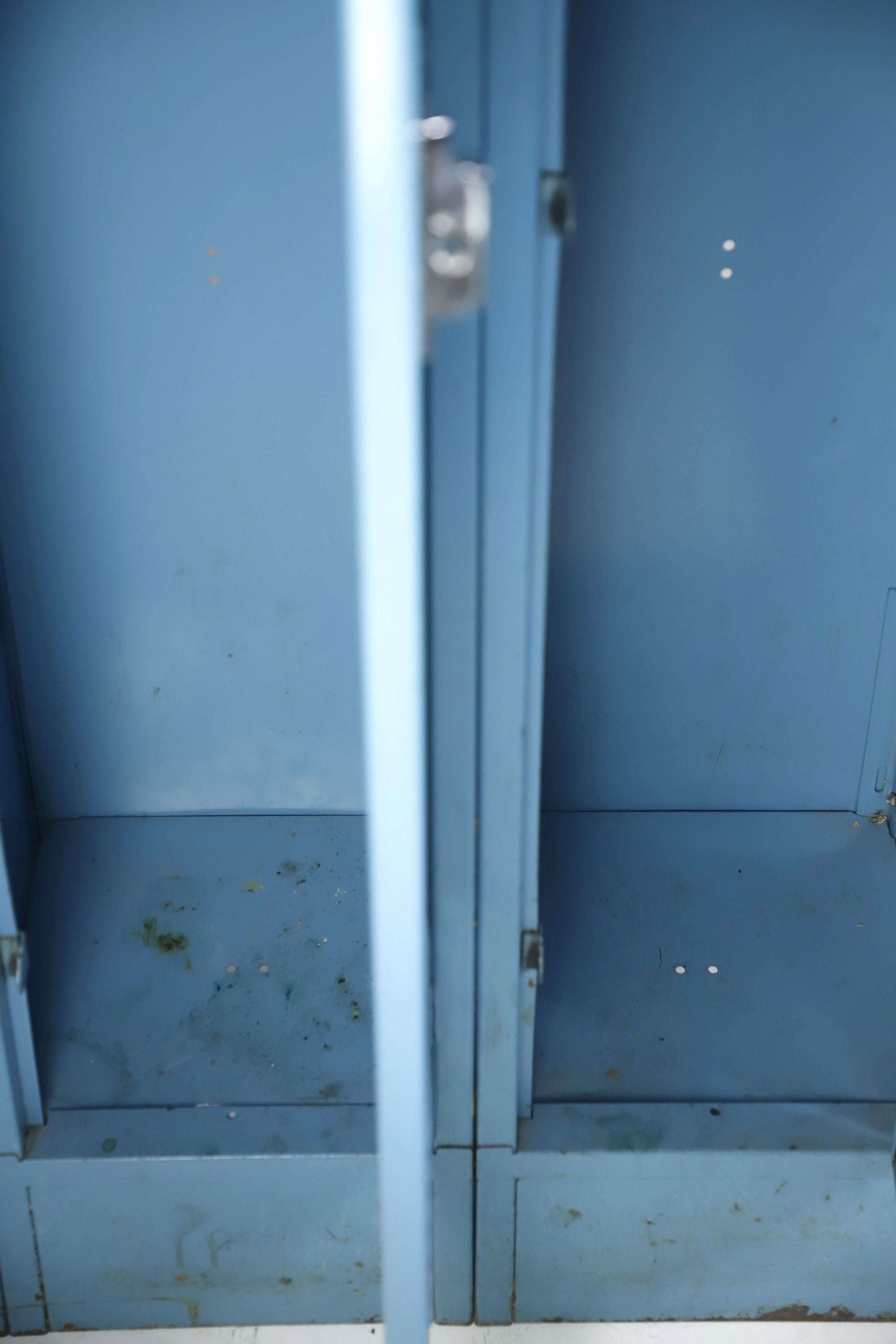 Industrial Blue Steel Penco Single Tier 3 Person Metal Locker In Good Condition In New York, NY