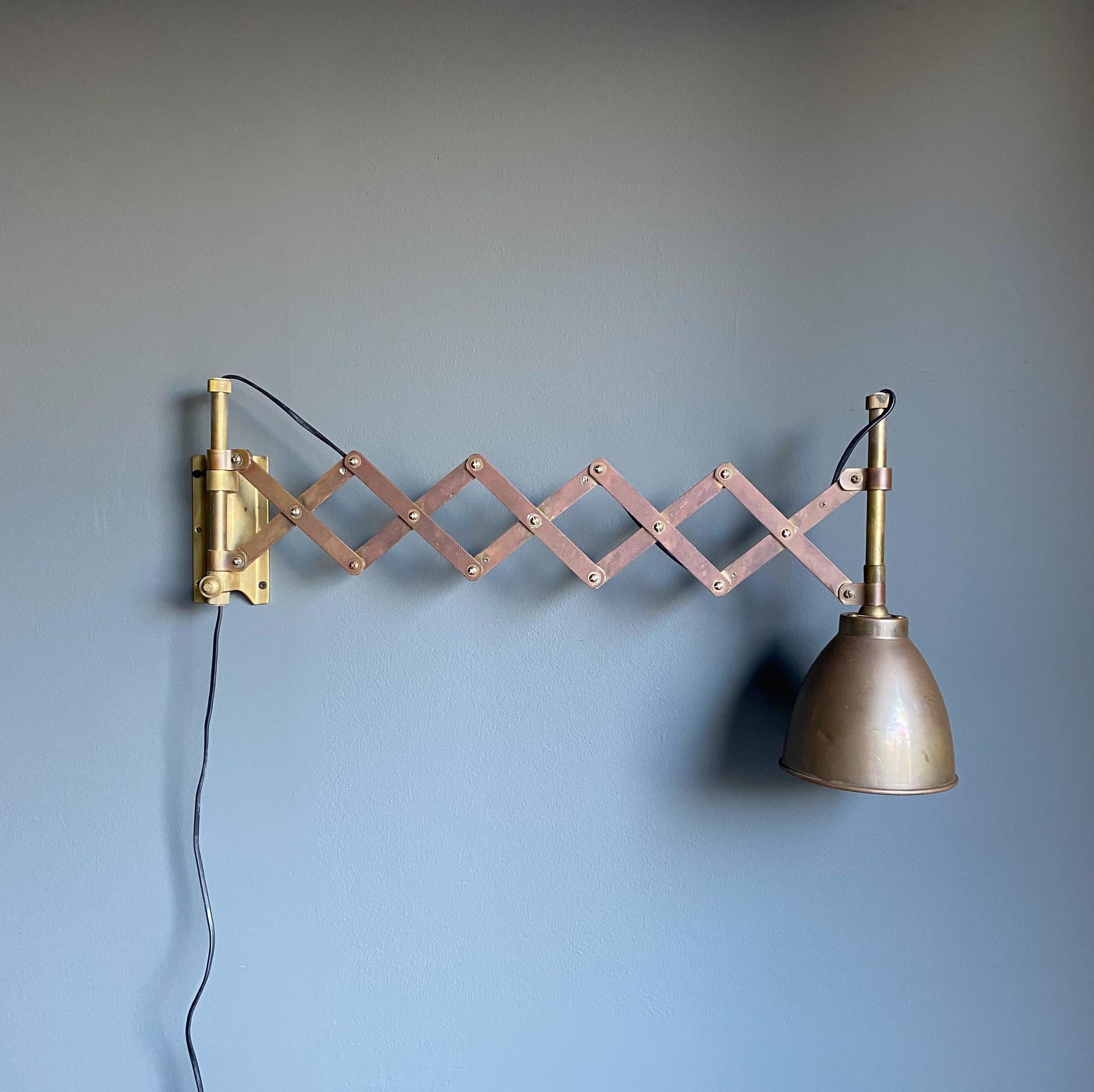Industrial Brass Scissor Wall Lamp, 1950's In Good Condition For Sale In Costa Mesa, CA