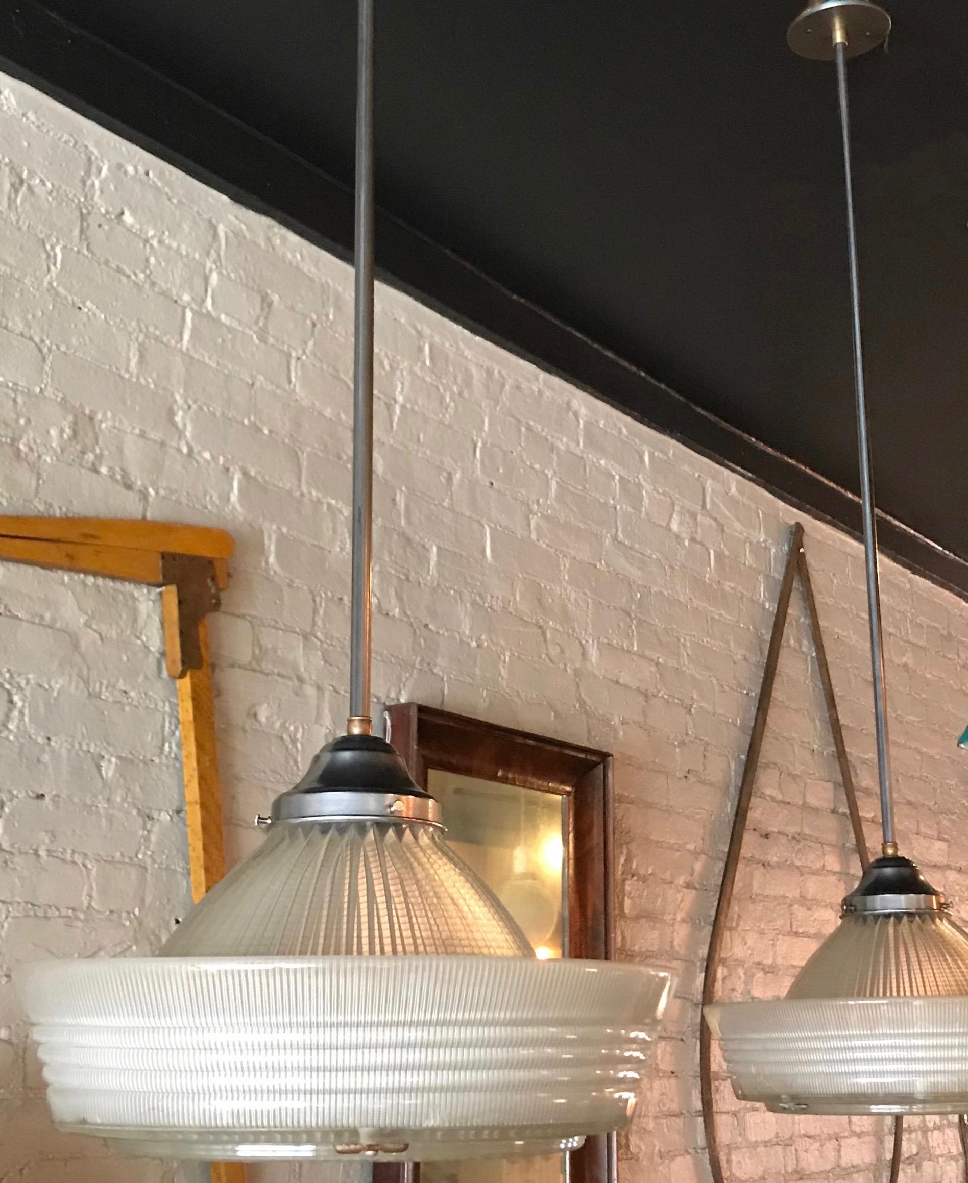 Industrial Brimmed Dome Prismatic Holophane Pendant Light In Excellent Condition In Brooklyn, NY